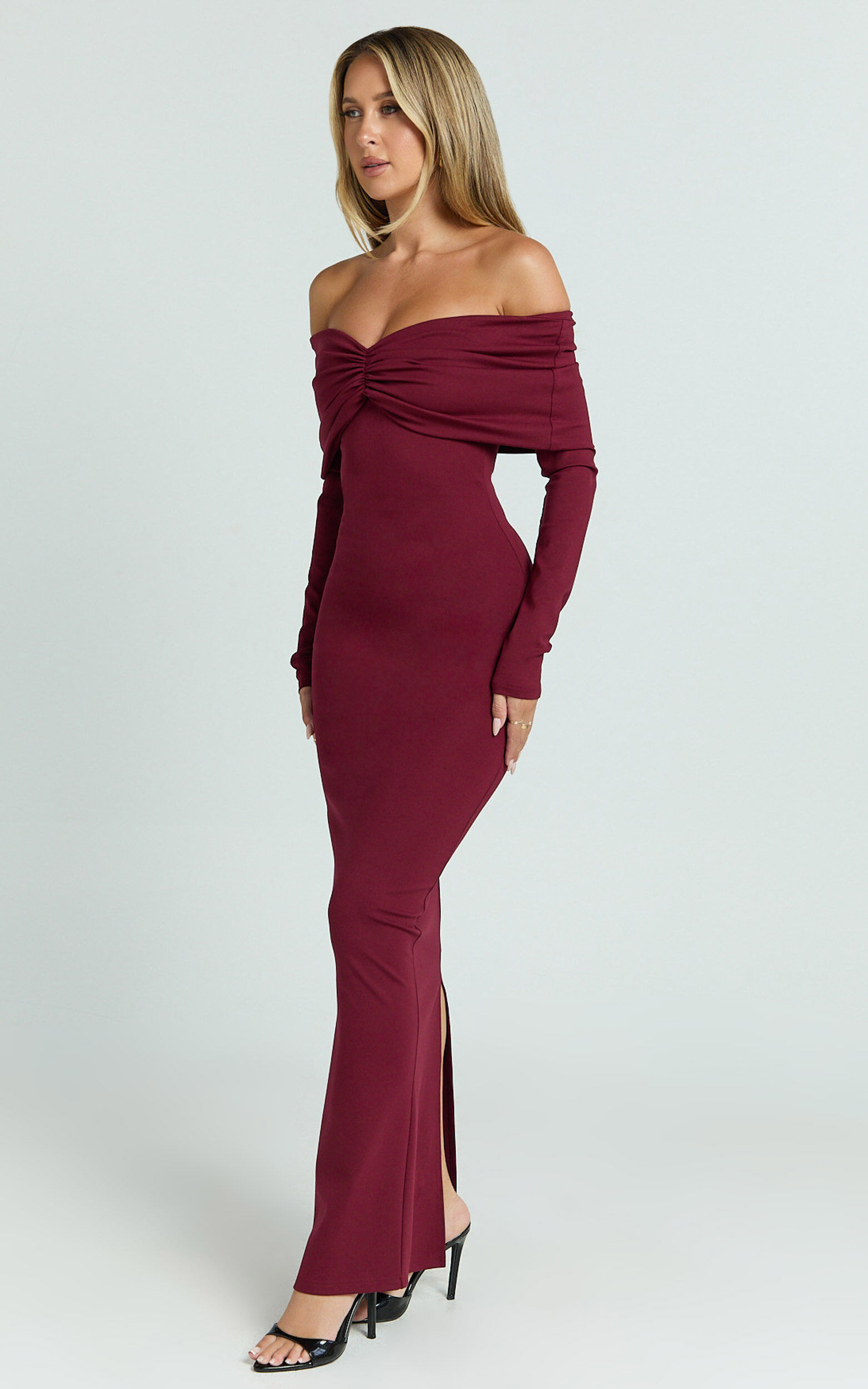 Rani Maxi Dress - Off Shoulder Long Sleeve Bodycon Dress in Wine