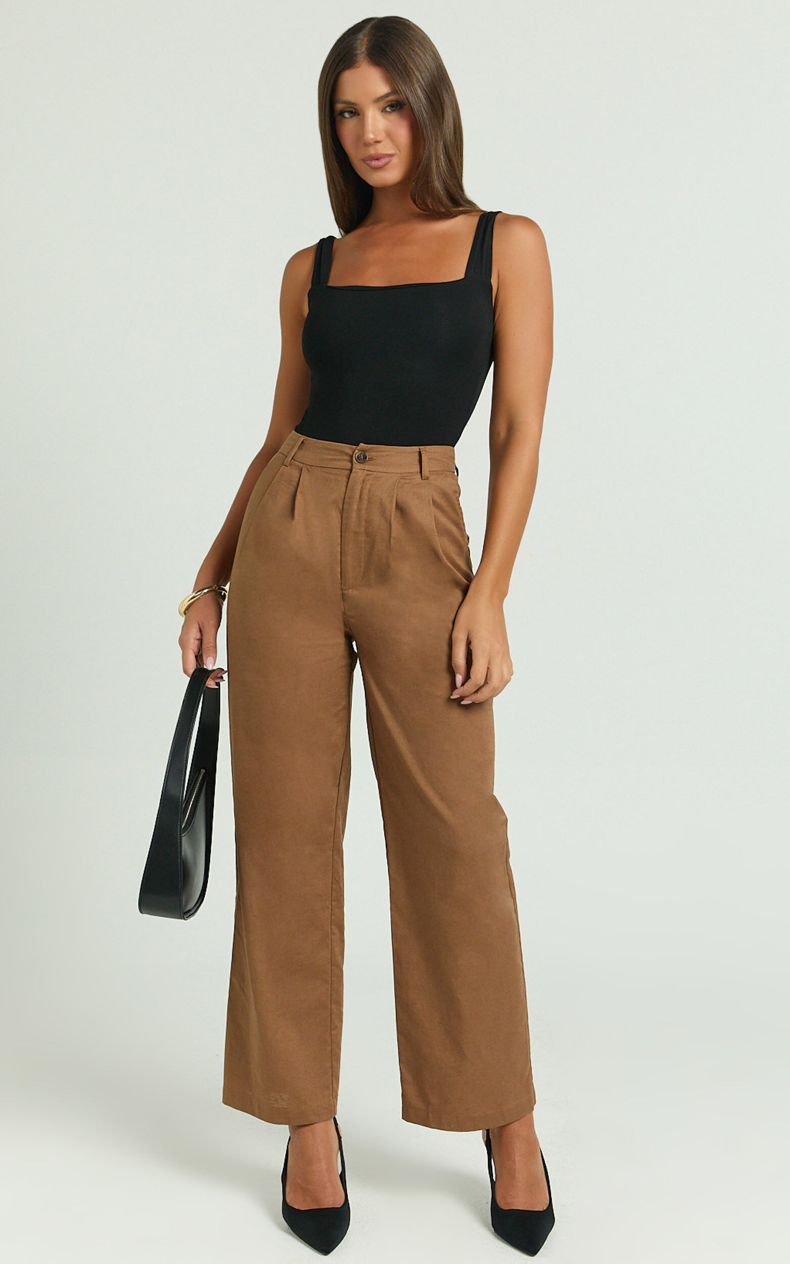 Celenia Linen Pants - High Waisted Wide Leg Pants in Tobacco