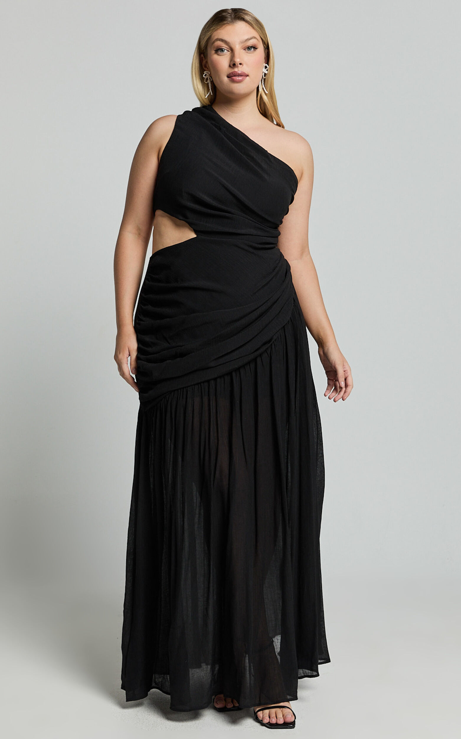 Darcy Maxi Dress - One Shoulder Side Cut Out Gathered Dress in Black