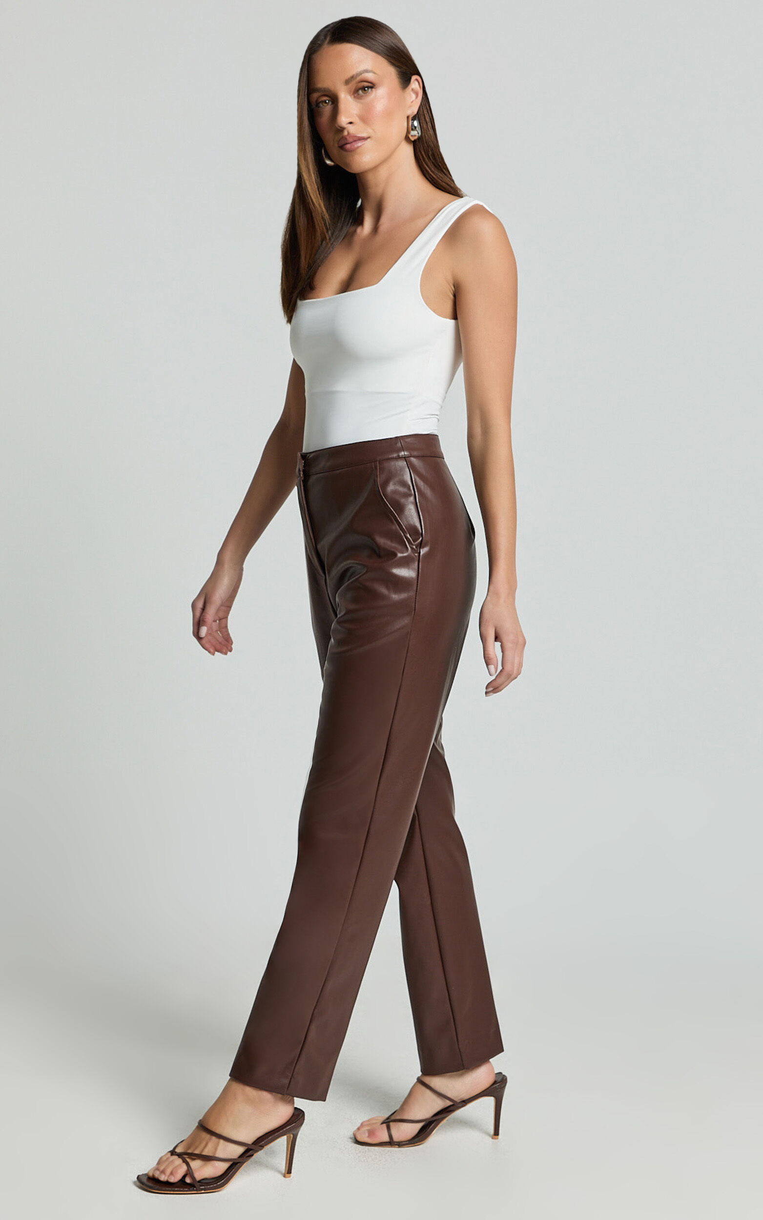 Azelia Pants - Mid Rise Cropped Faux Leather Pants in Dark Chocolate