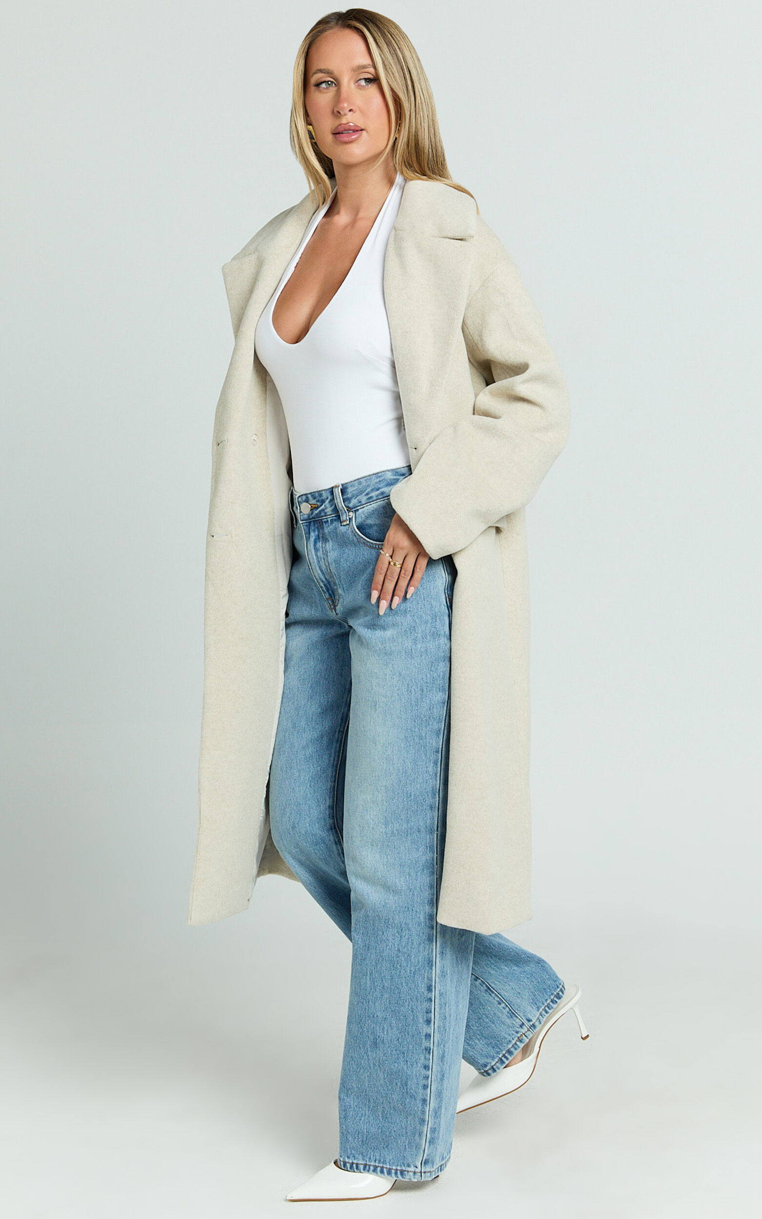 Libee Coat - Double Breasted Longline Coat in Oatmeal