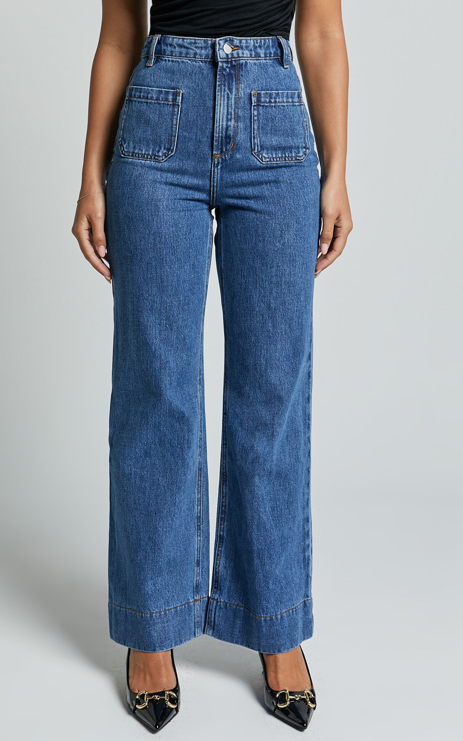 Vancouver Jeans - High Waist Straight Leg Patch Pocket Denim Jeans in Mid Blue Wash