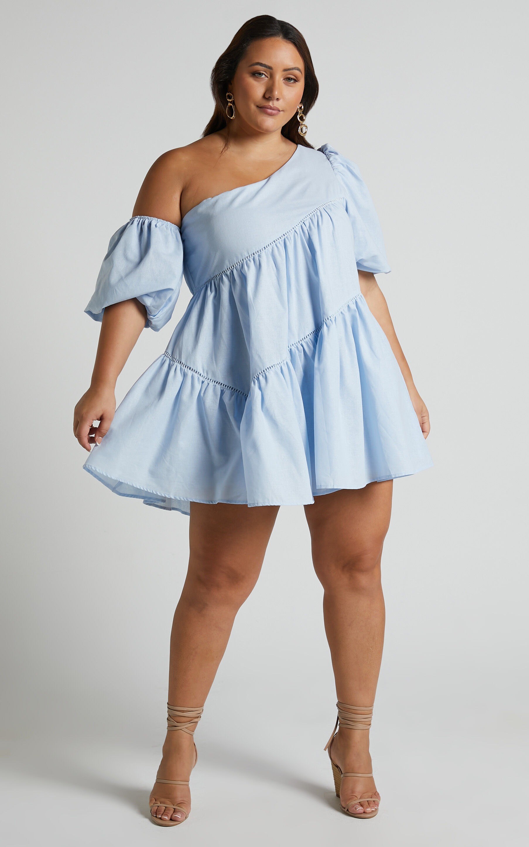 Harleen Mini Dress - Linen Asymmetrical Trim Puff Sleeve Dress in Light Blue