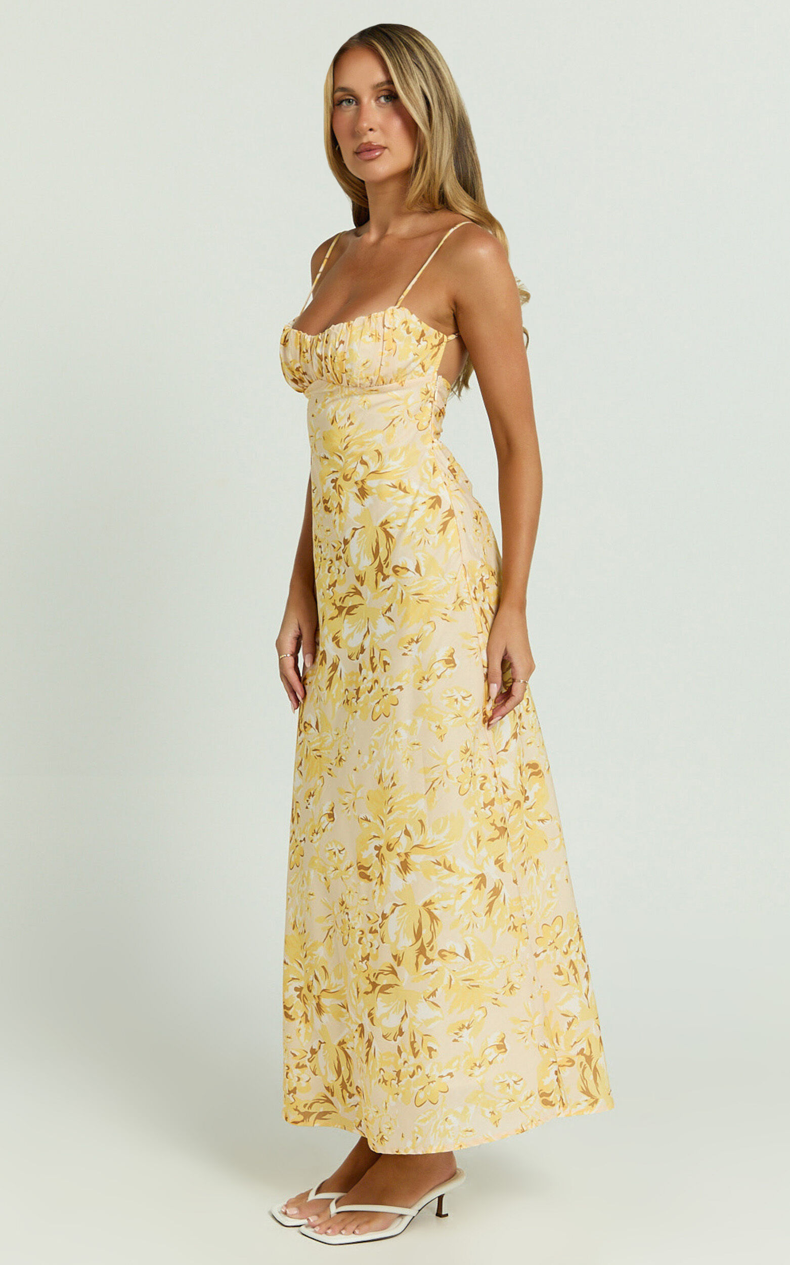 Giselli Midi Dress - Adjustable Strap Ruched Bust Dress in Lemon Floral