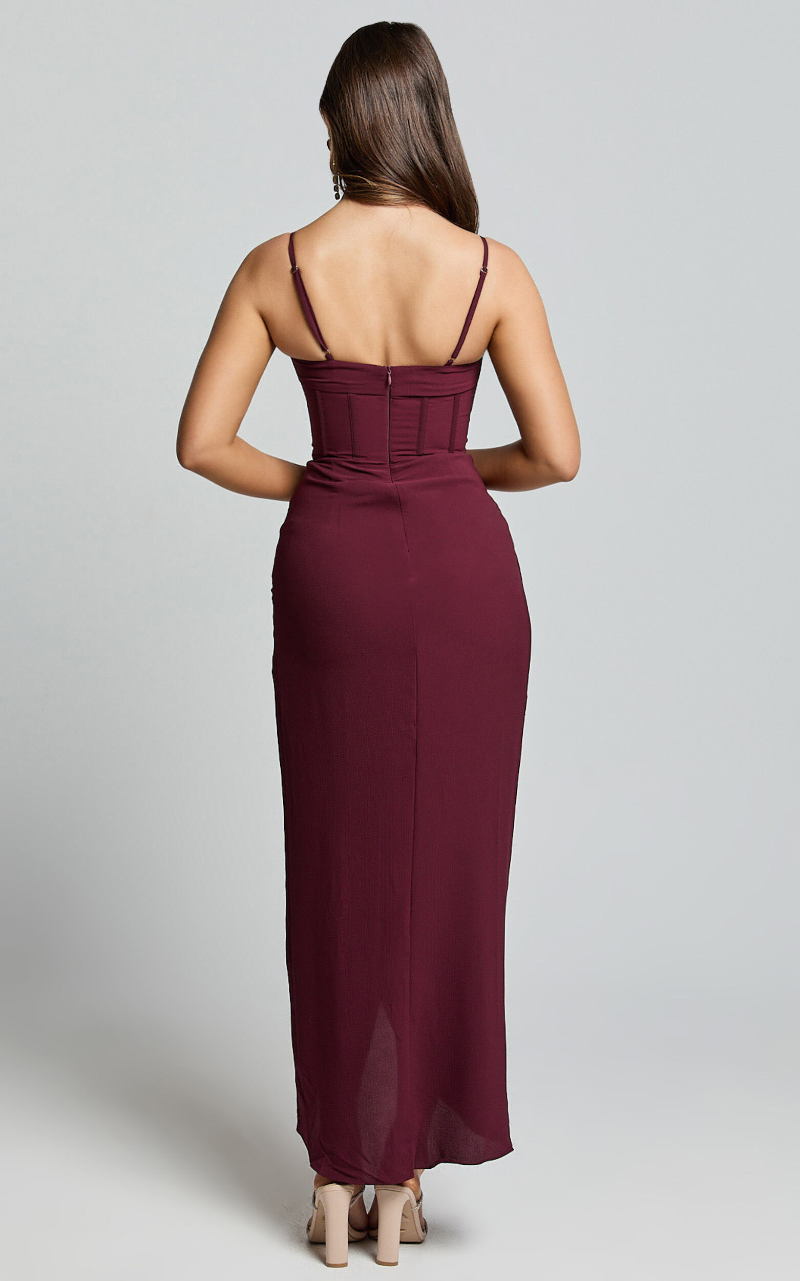 Andrina Midi Dress - High Low Wrap Corset Dress in Wine