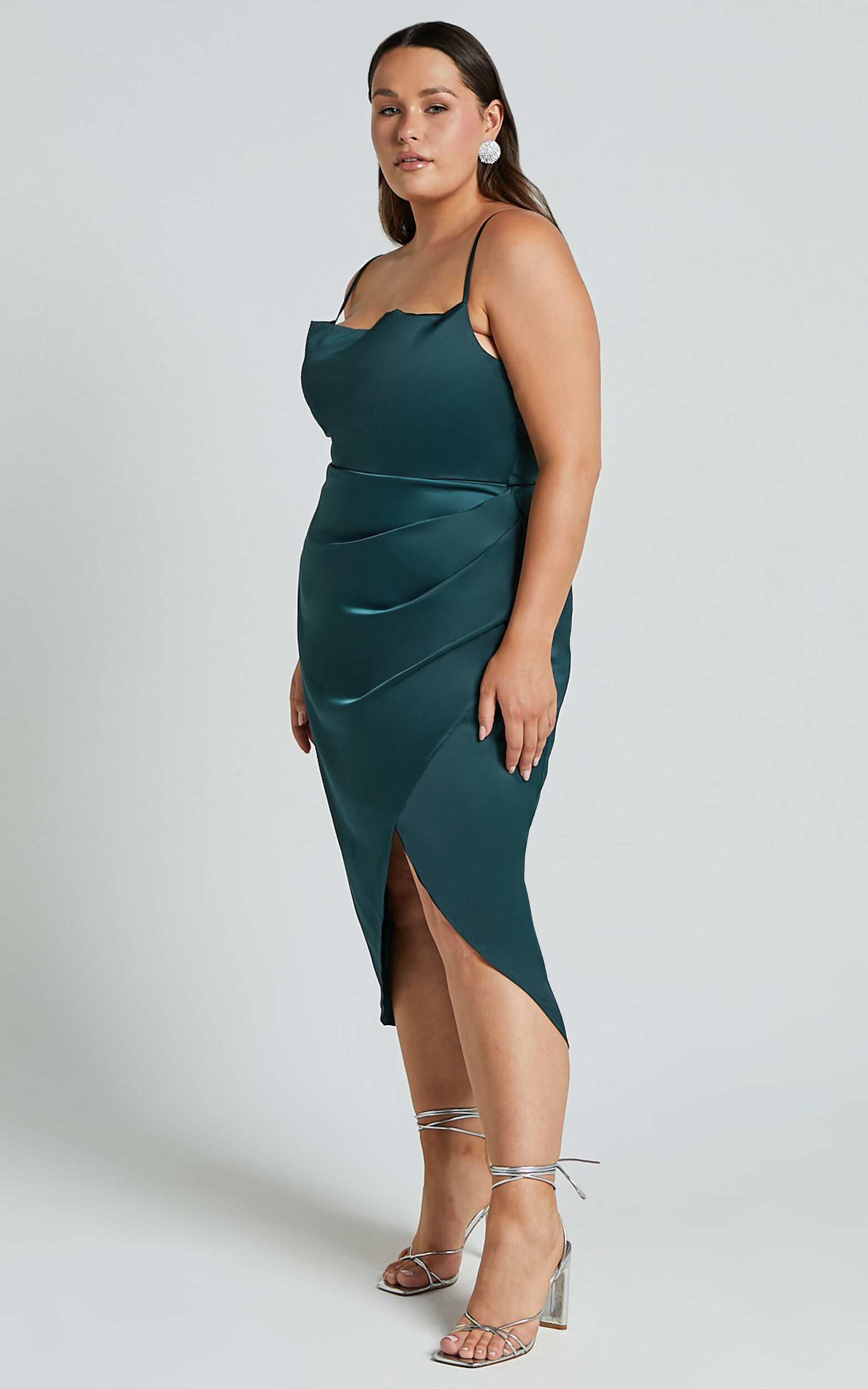 Dazzling Lights Midi Dress - Cowl Neck Draped Dress in Emerald Satin