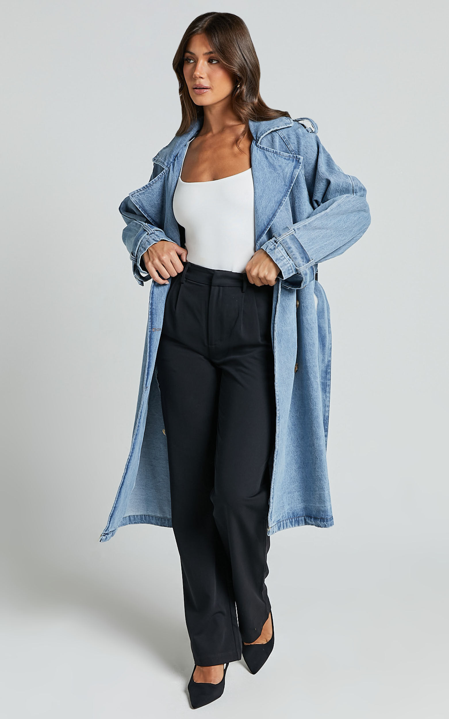 Vinnie Trench Coat - Denim Washed Trench Coat in Mid Blue