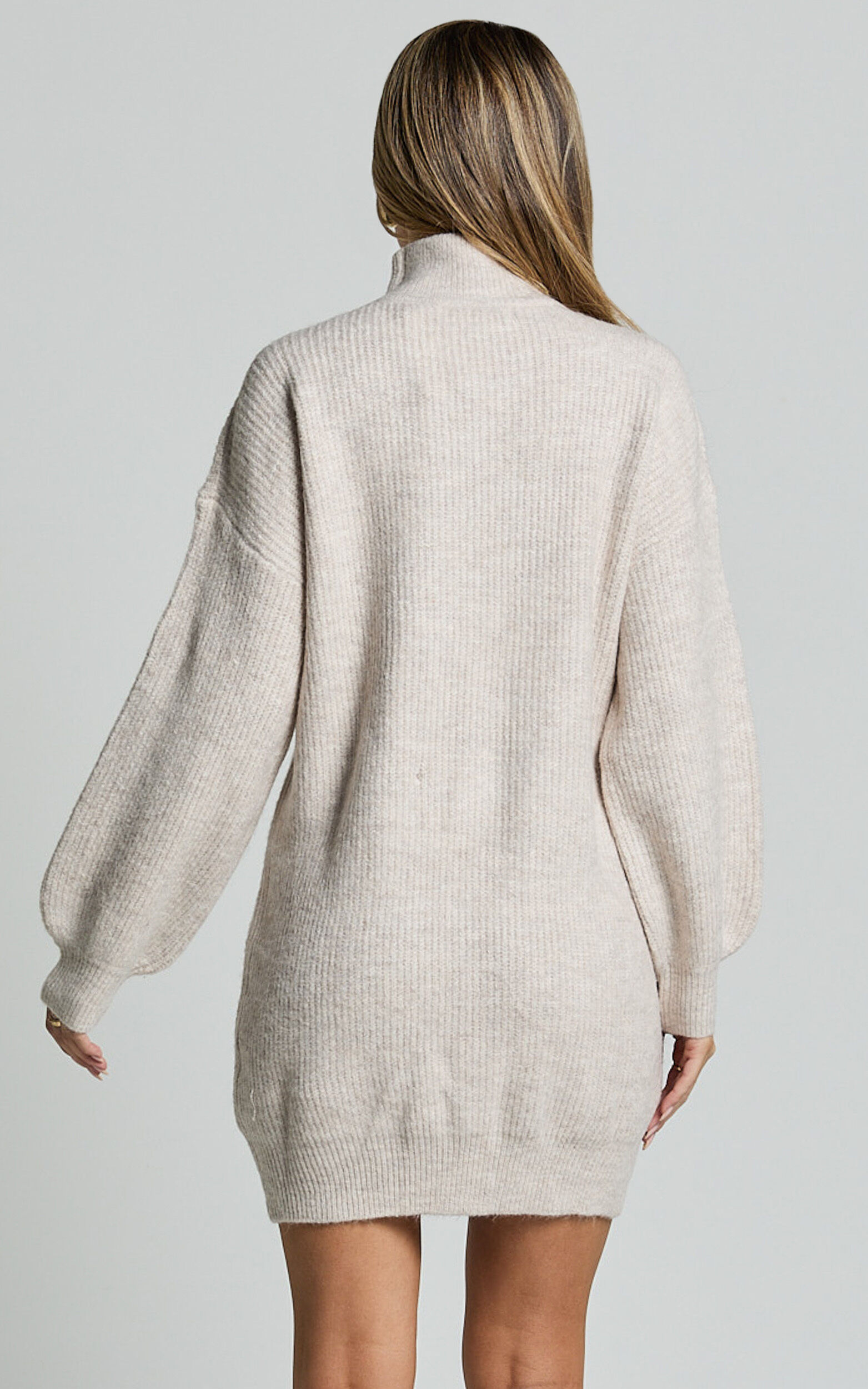 Tianna Mini Dress - Knitted Side Split Jumper Dress in Beige Marl