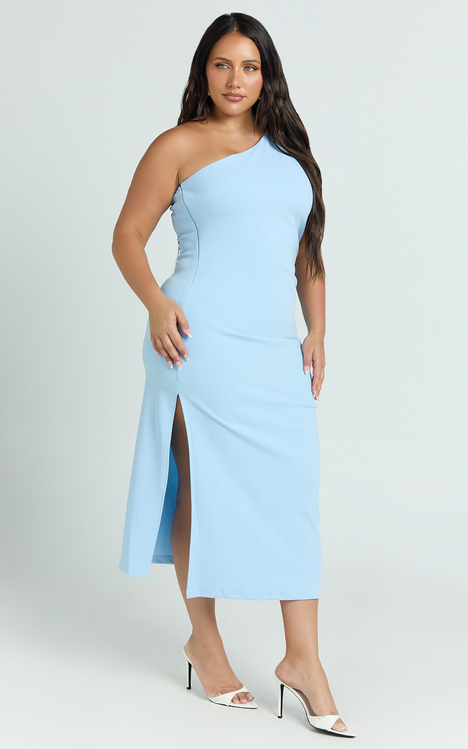 Monette Midi Dress - One Shoulder Straight Dress in Blue