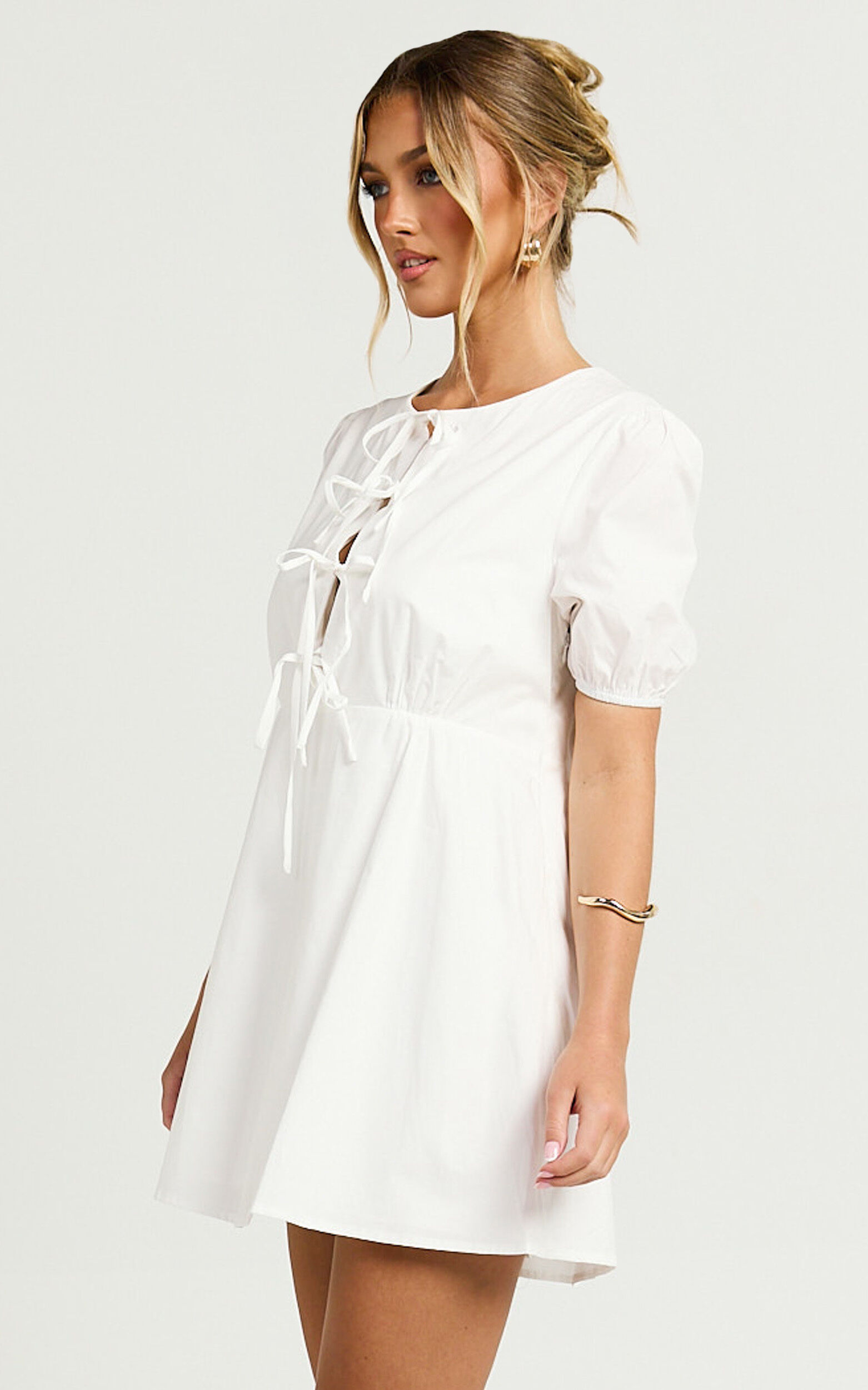 Hattie Mini Dress - Tie Front Puff Sleeve Dress in White