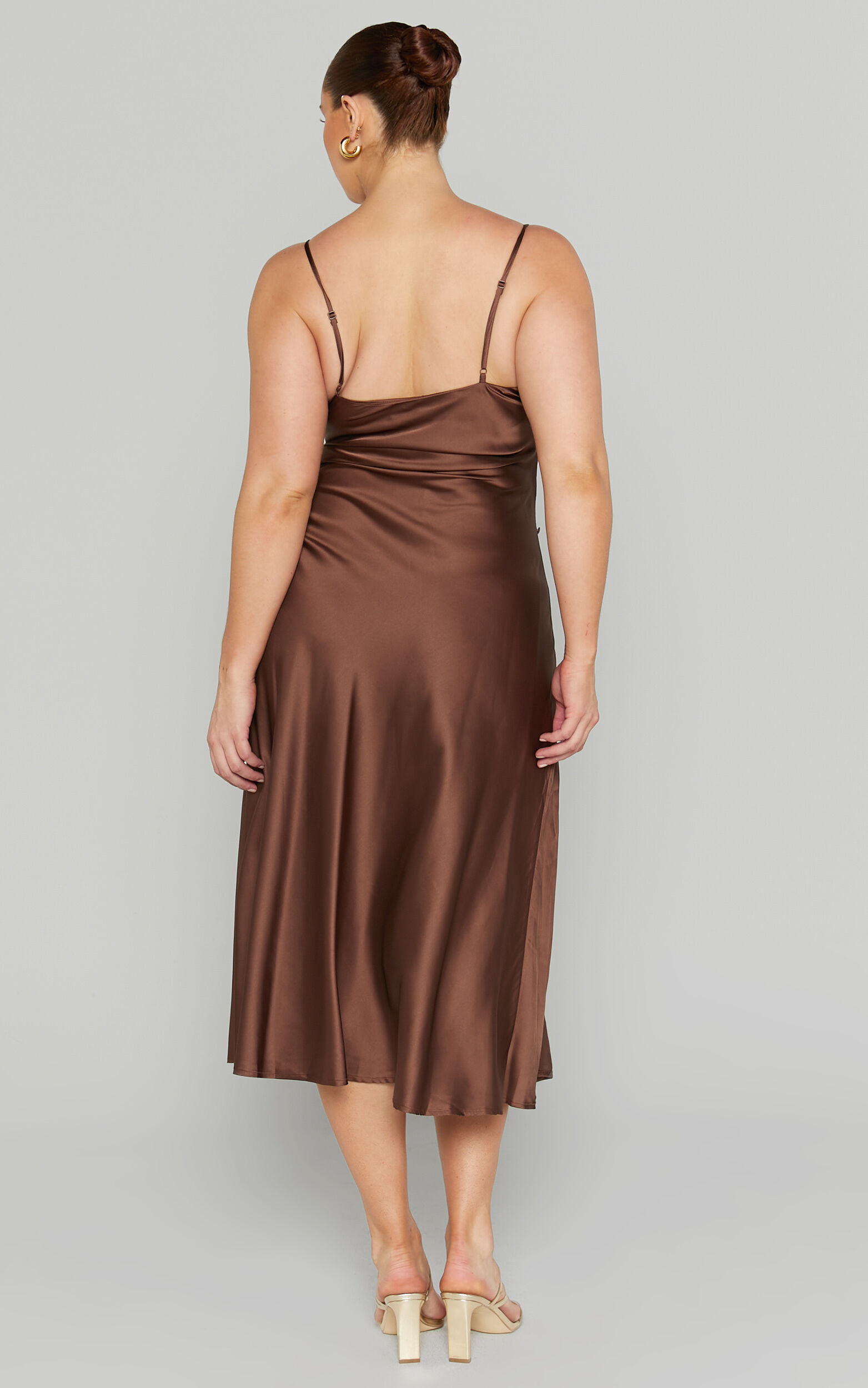 Flordeliza Midi Dress - Cowl Neck Thigh Slit Slip Dress in Chocolate