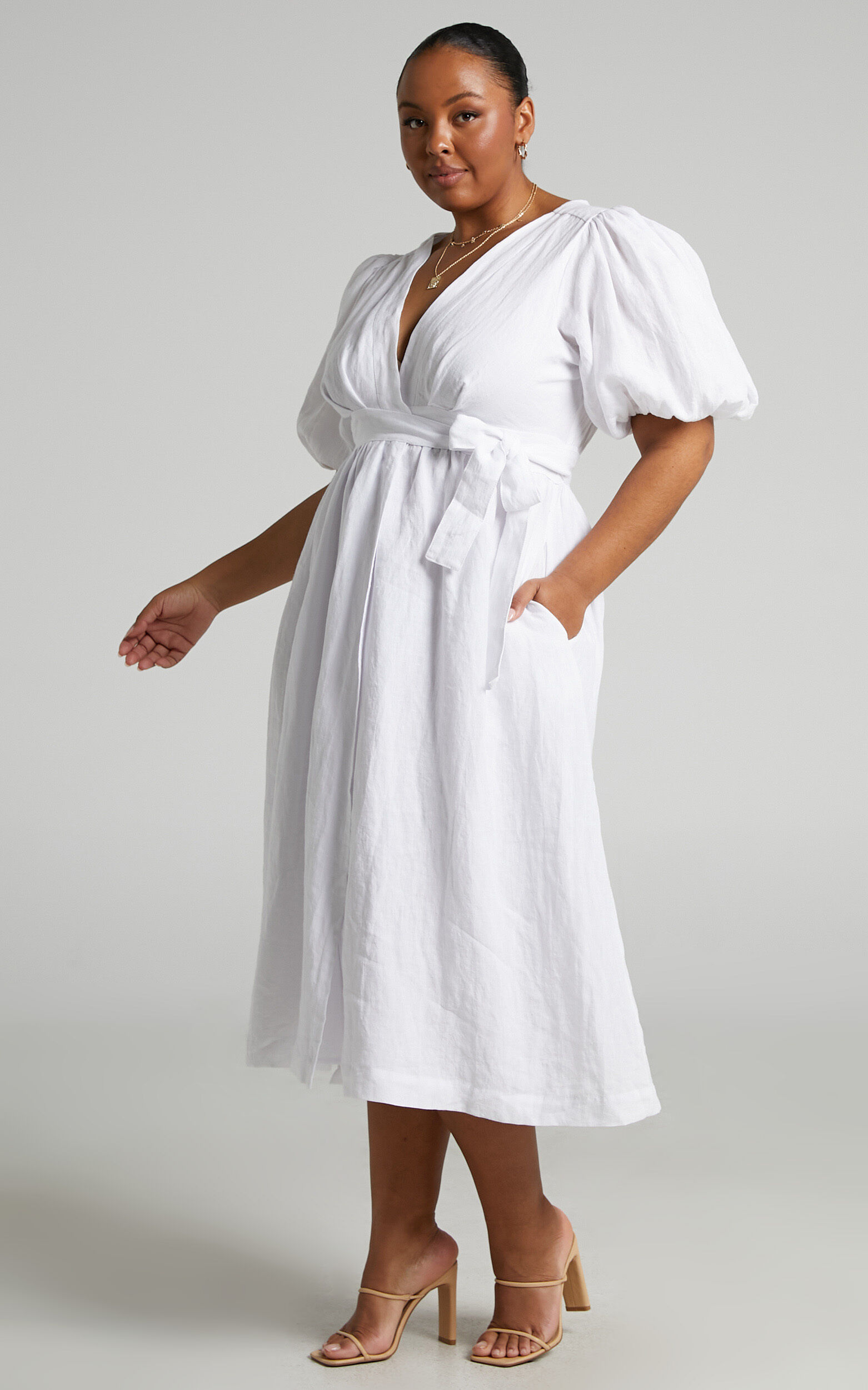 Amalie The Label - Franc Linen Puff Sleeve Wrap Midi Linen Dress in White