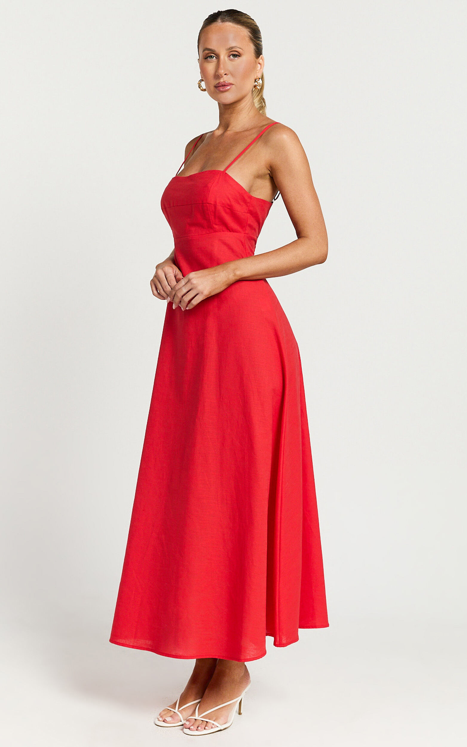 Brette Midi Dress - Linen Straight Neck Strappy Fit And Flare Dress in Red