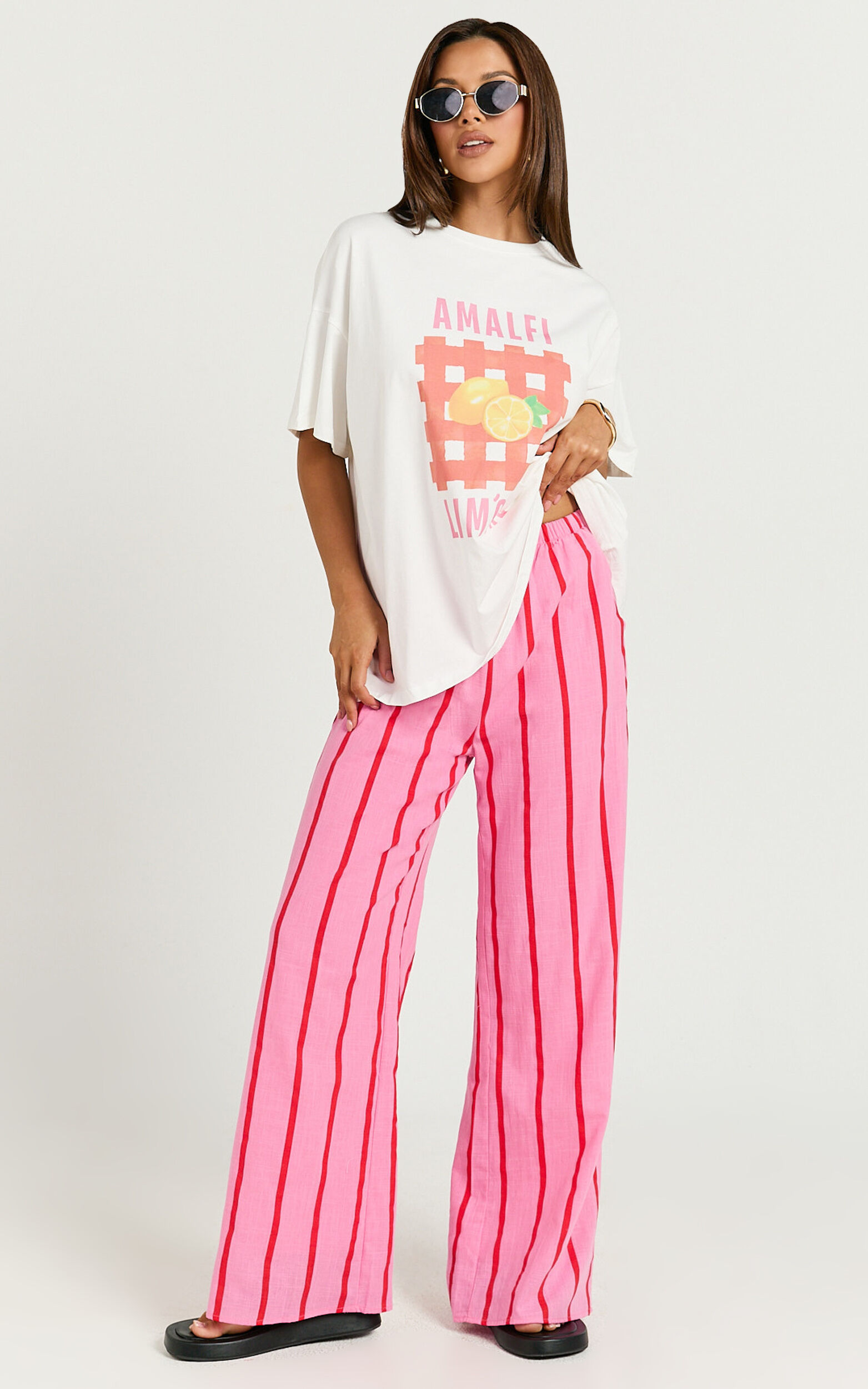 Gladiola Two Piece Set - Amalfi Limone Oversized Tee and Stripe Pant Set in Pink/Red