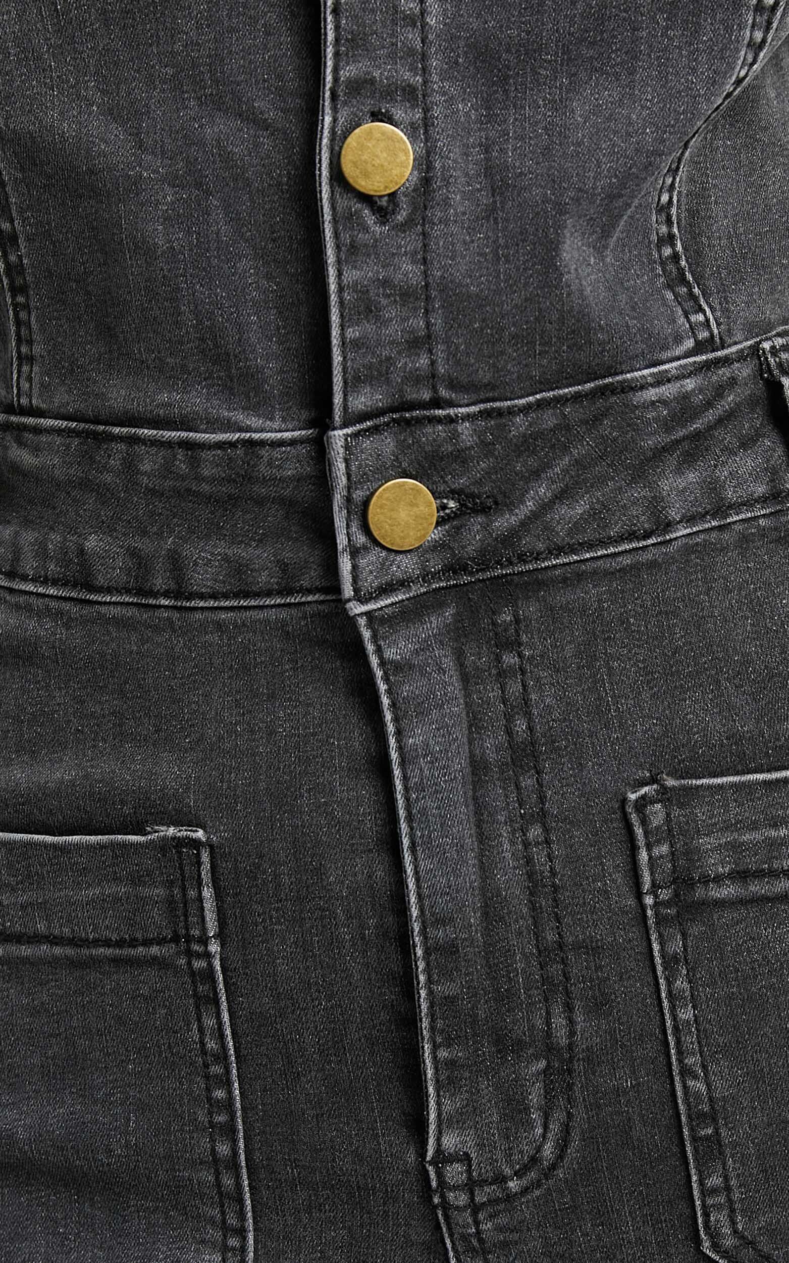 Silvena Jumpsuit - Short Sleeve Flared Denim Jumpsuit in Black Wash