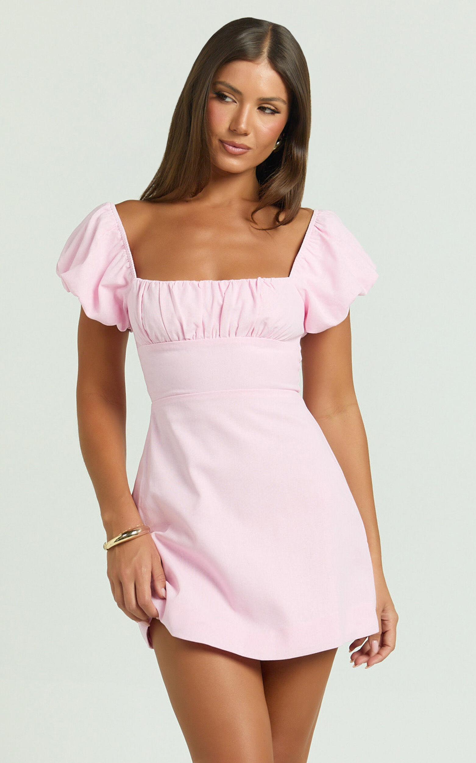 Ginny Mini Dress - Square Neck Ruched Bodice Puff Sleeve Straight Dress in Pink