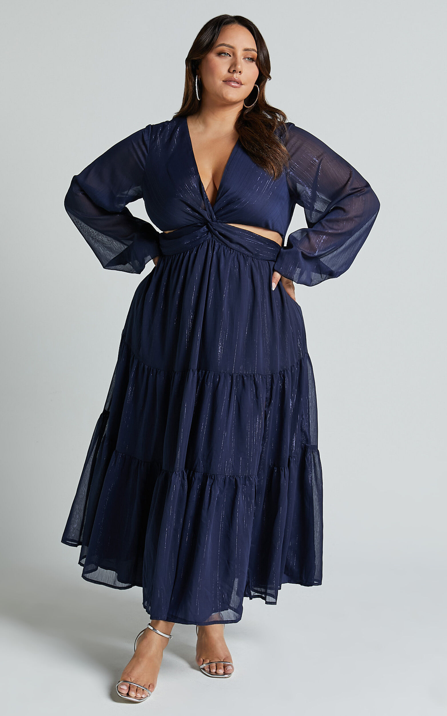 Edelyn Midi Dress - Cut Out Balloon Sleeve Tiered Dress in Navy