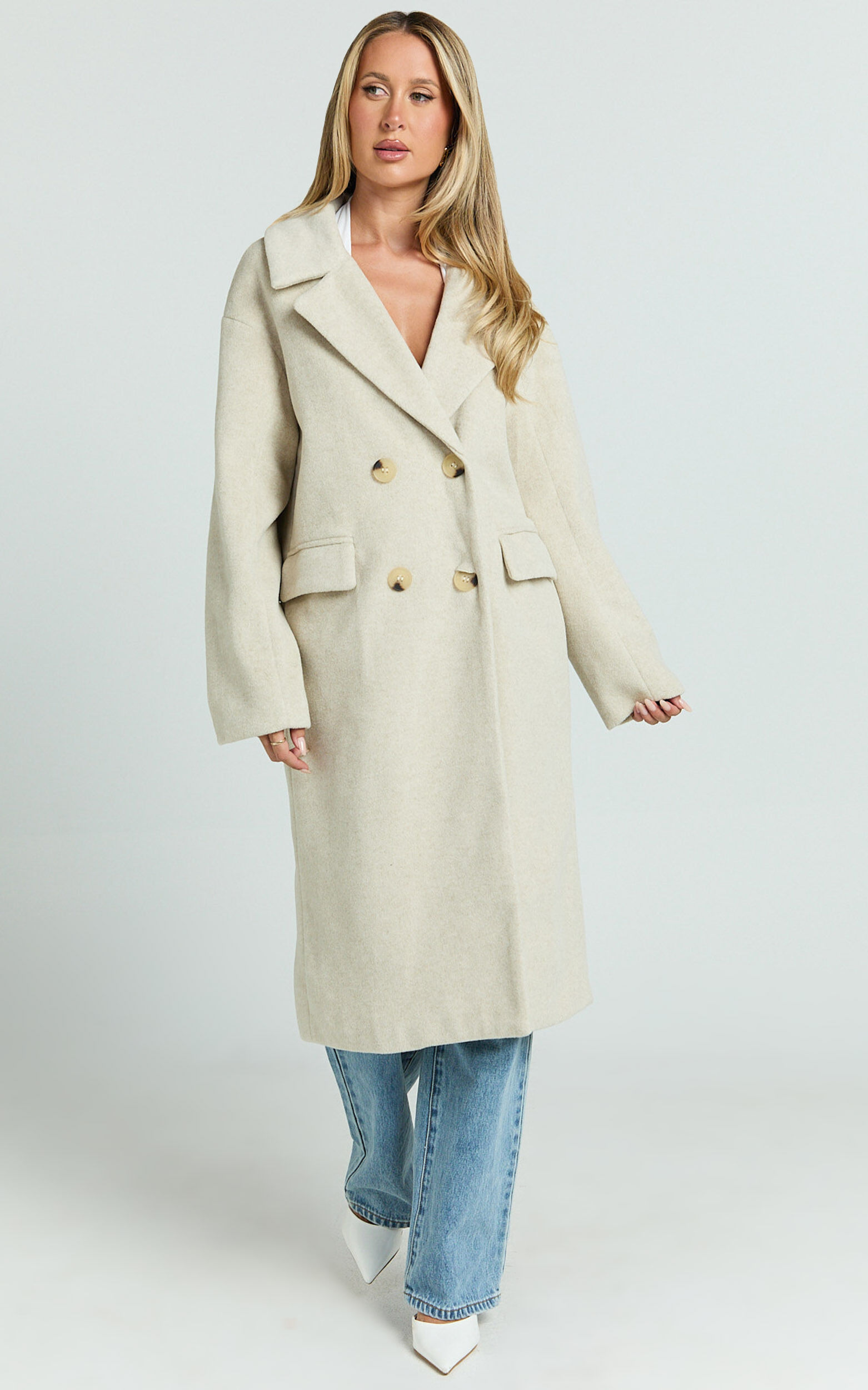 Libee Coat - Double Breasted Longline Coat in Oatmeal