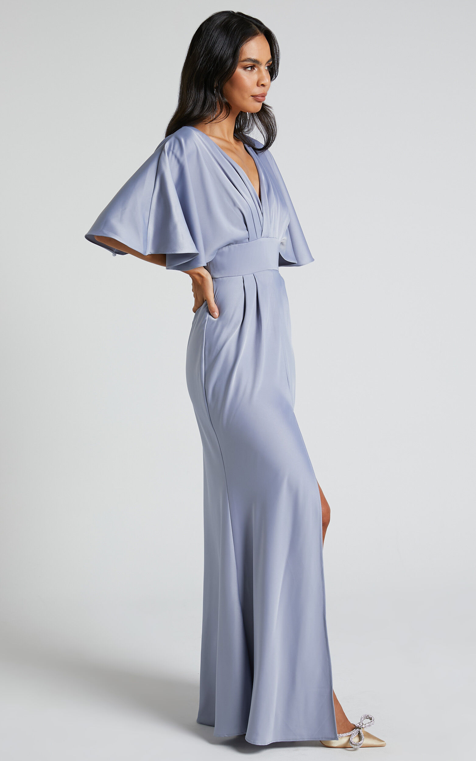 Gemalyn Midi Dress - Angel Sleeve V Neck Split Dress in Sky Blue