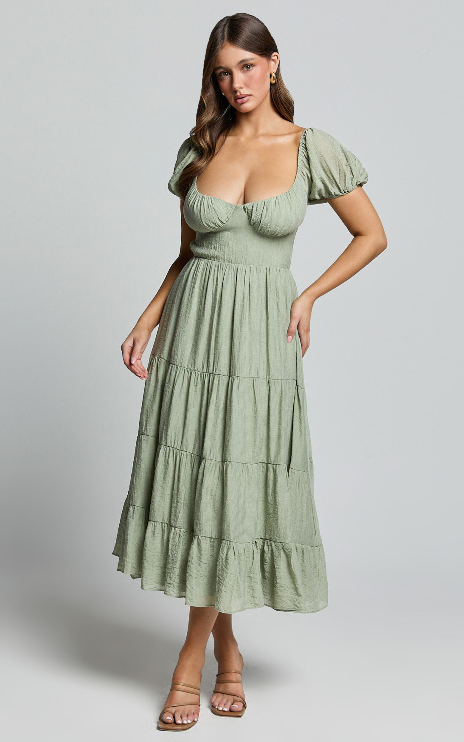 Anita Midi Dress - Puff Sleeve Tiered Dress in Sage