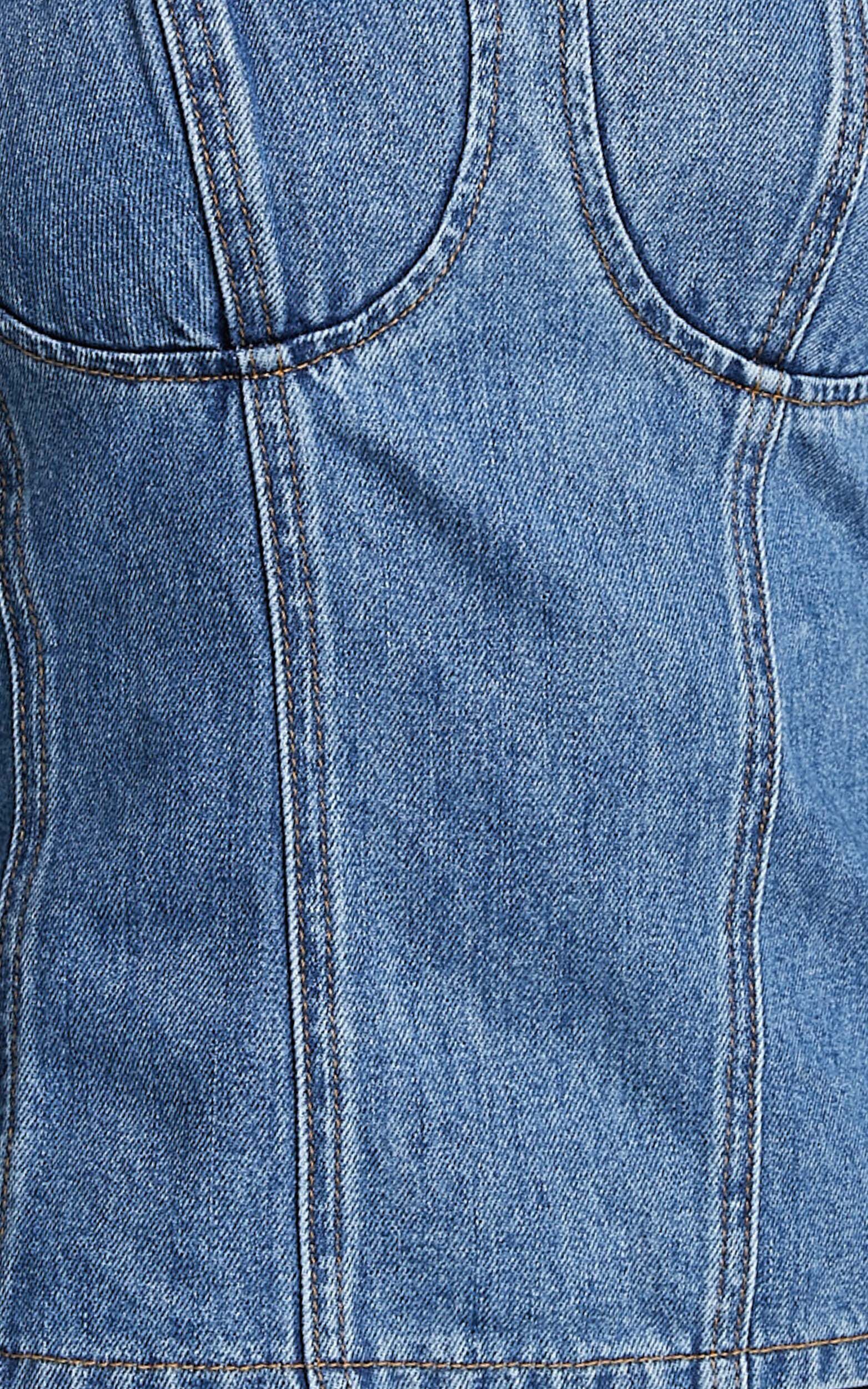 Mckenna Top - Strappy Bustier Denim Top in Mid Blue Wash