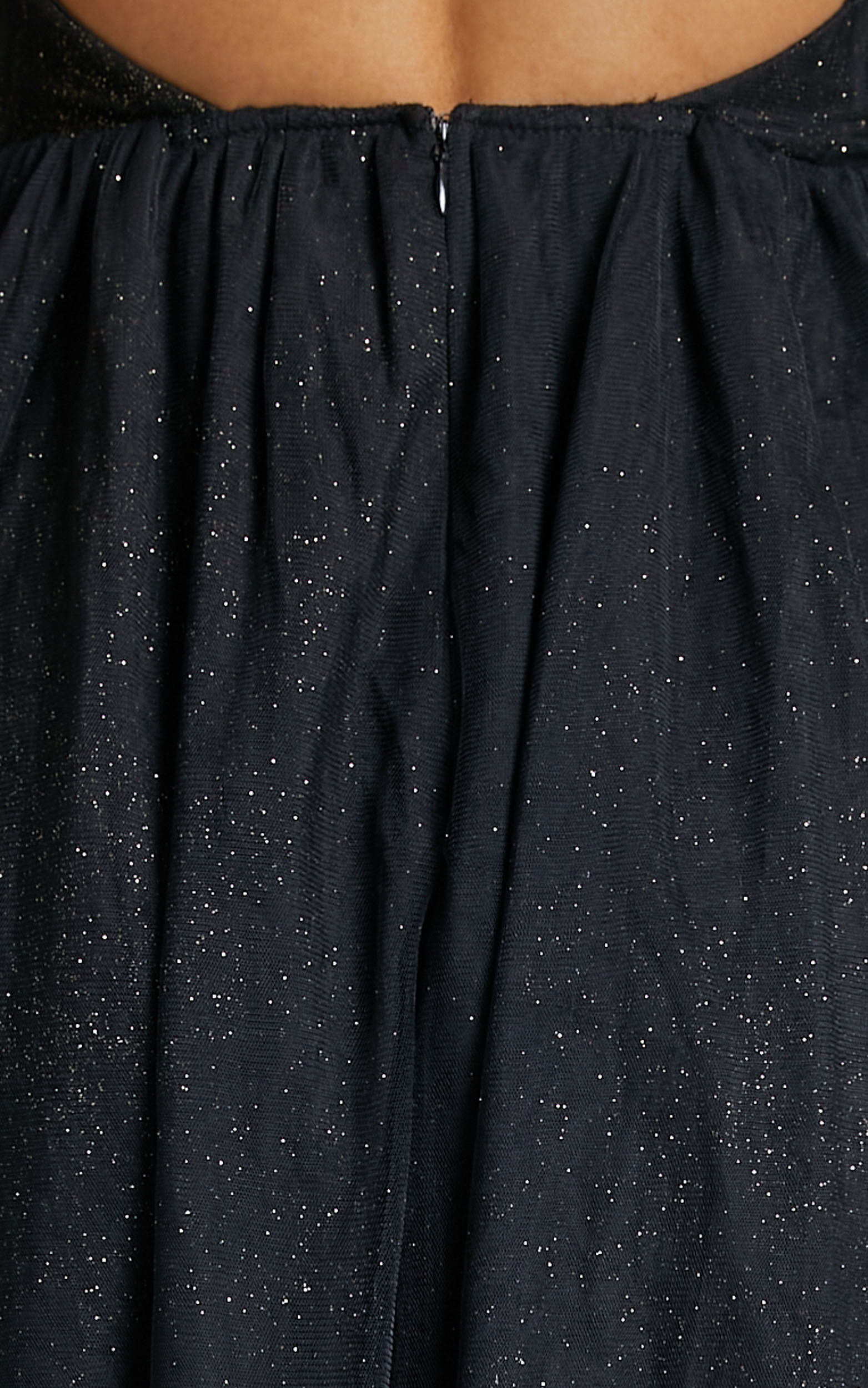 Angelina Midi Dress - Plunge Neck Glitter Neck Dress in Black