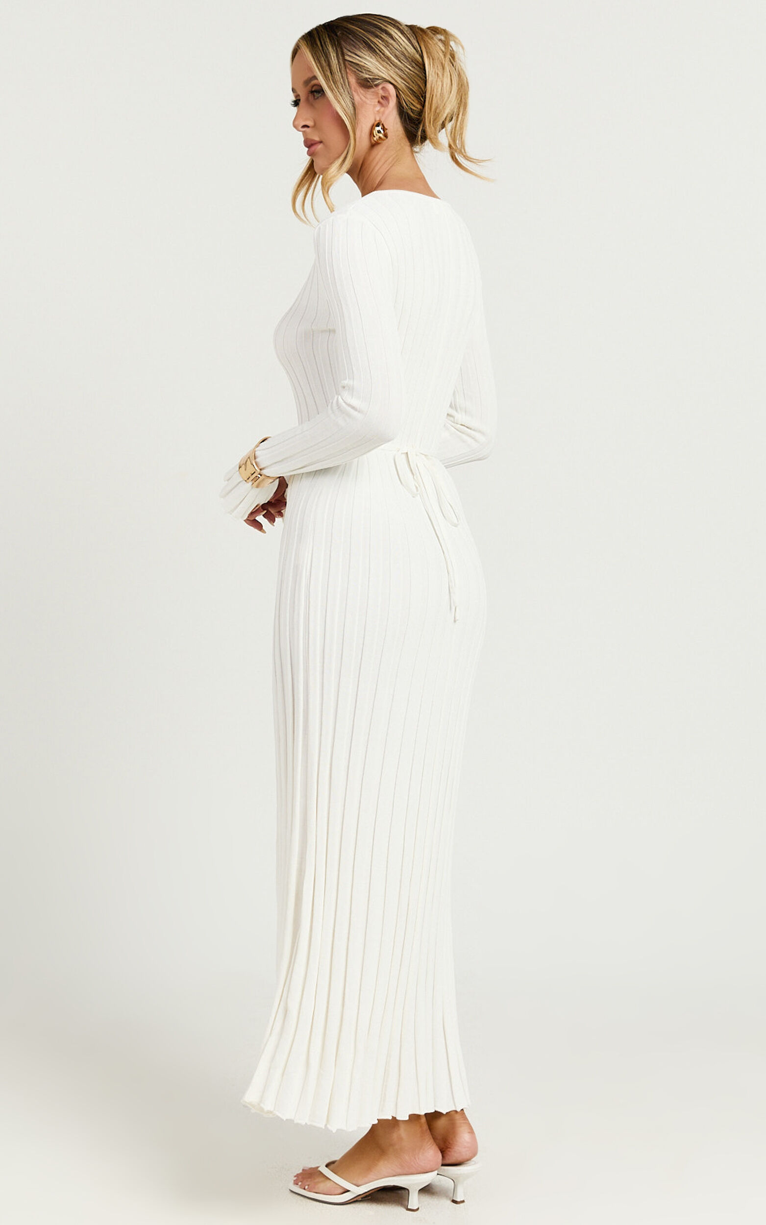 Astra Midi Dress - V Neck Long Sleeve Knit Dress in White