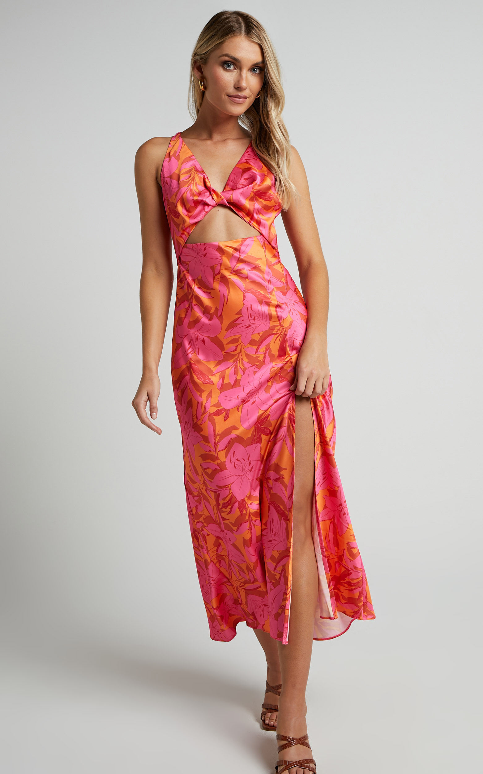 Tove Midi Dress - Twist Front Cut Out Satin Dress in Pink Floral