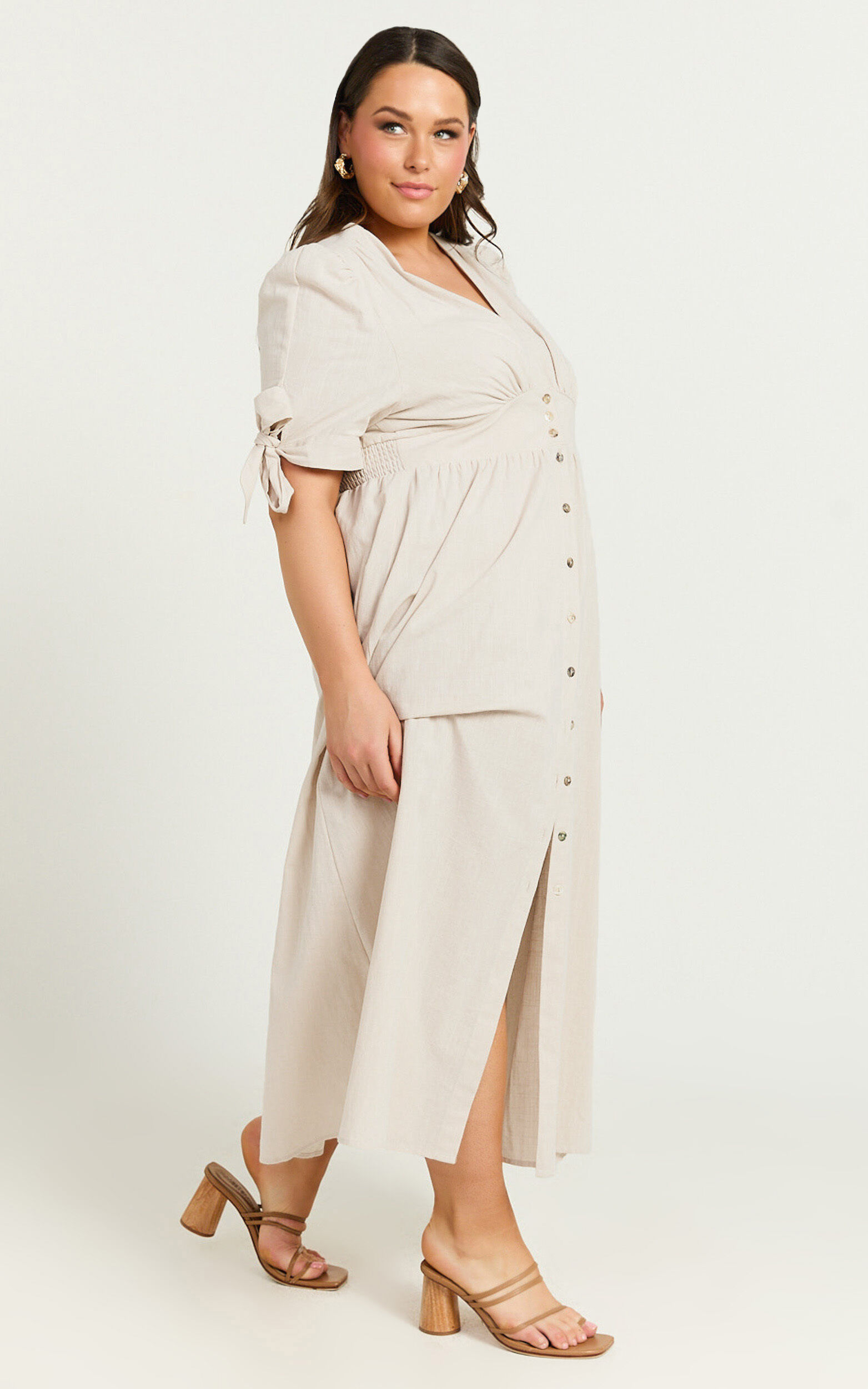 Avegail Midi Dress - V Neck Button Through Short Sleeve Dress in Bone