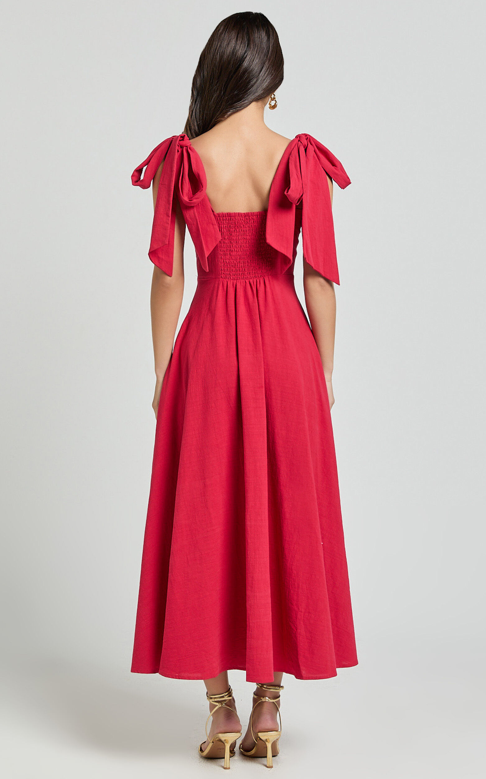 Tymia Midi Dress - Shoulder Tie Bustier Shirred Back A Line in Red