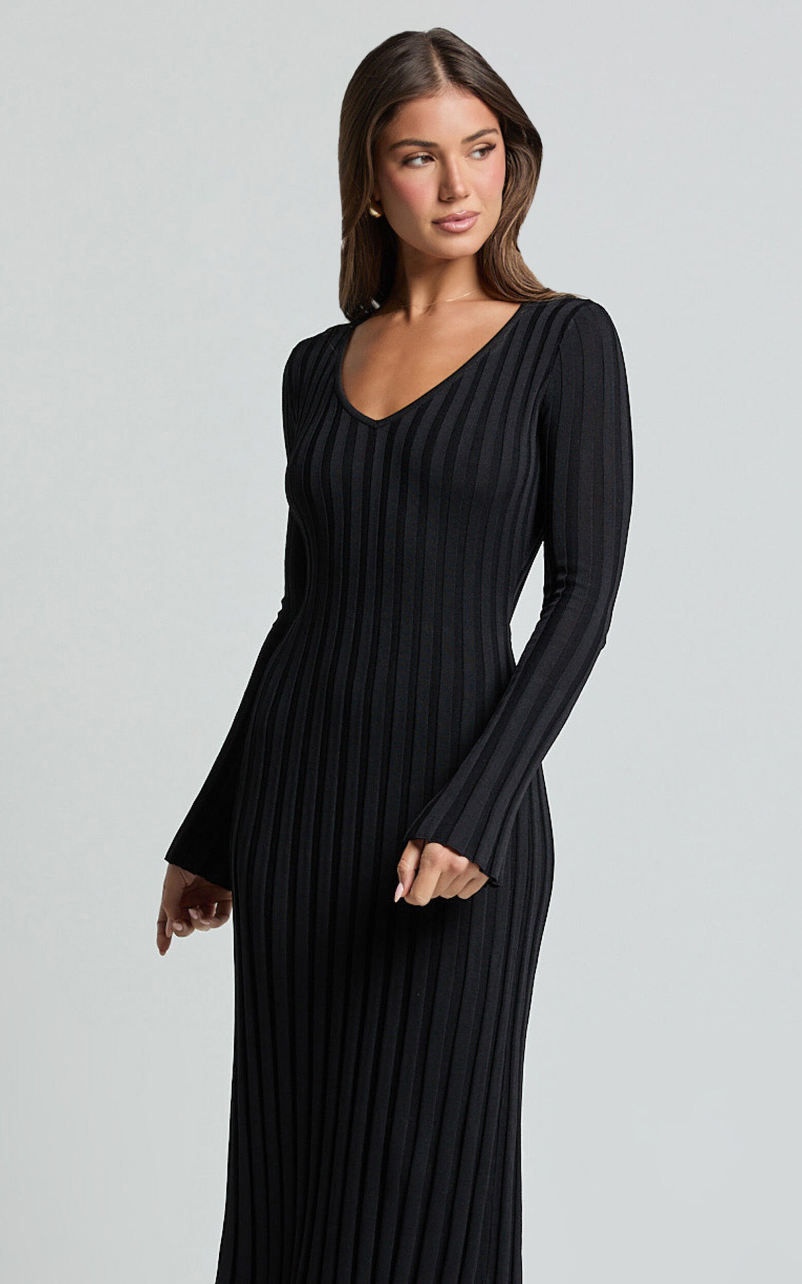 Astra Midi Dress - V Neck Long Sleeve Knit Dress in Black