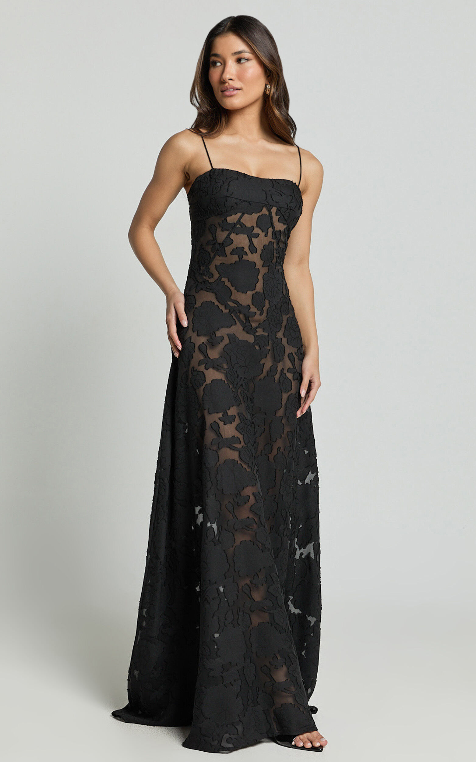 Lily Maxi Dress - Sheer Jacquard Maxi Dress in Black