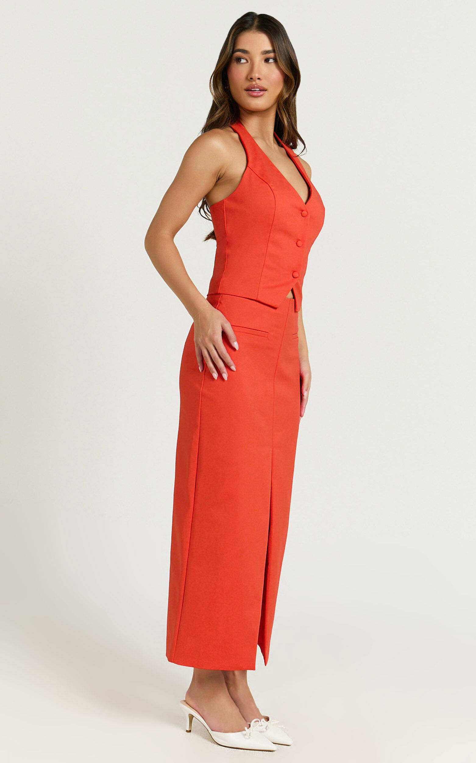 Kai Midi Skirt - Mid Waisted Front Split Fitted Skirt in Orange