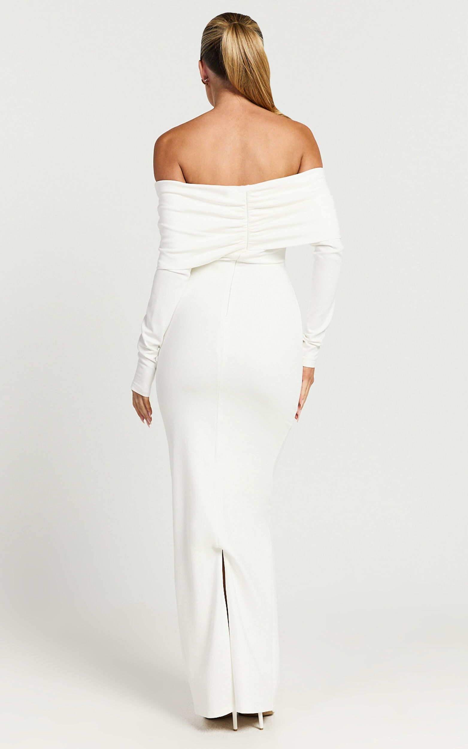 Rani Maxi Dress - Off Shoulder Long Sleeve Bodycon Dress in Off White