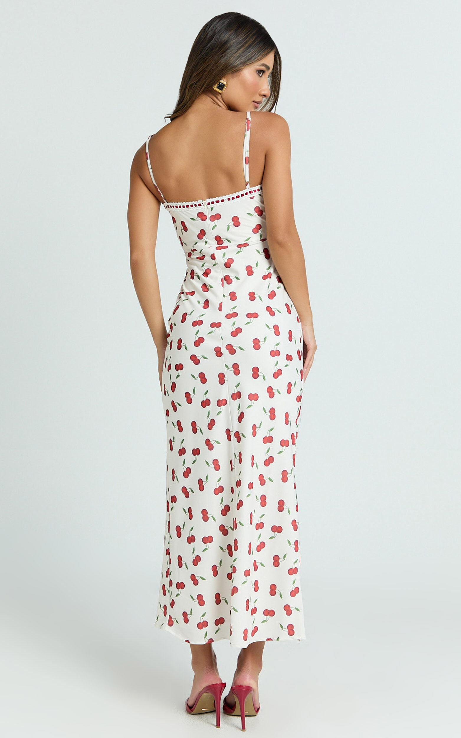 Bailey Midi Dress - Recycled Cherry Print Lace Trim Bias Cut Slip Dress in Blushing Cherries Print