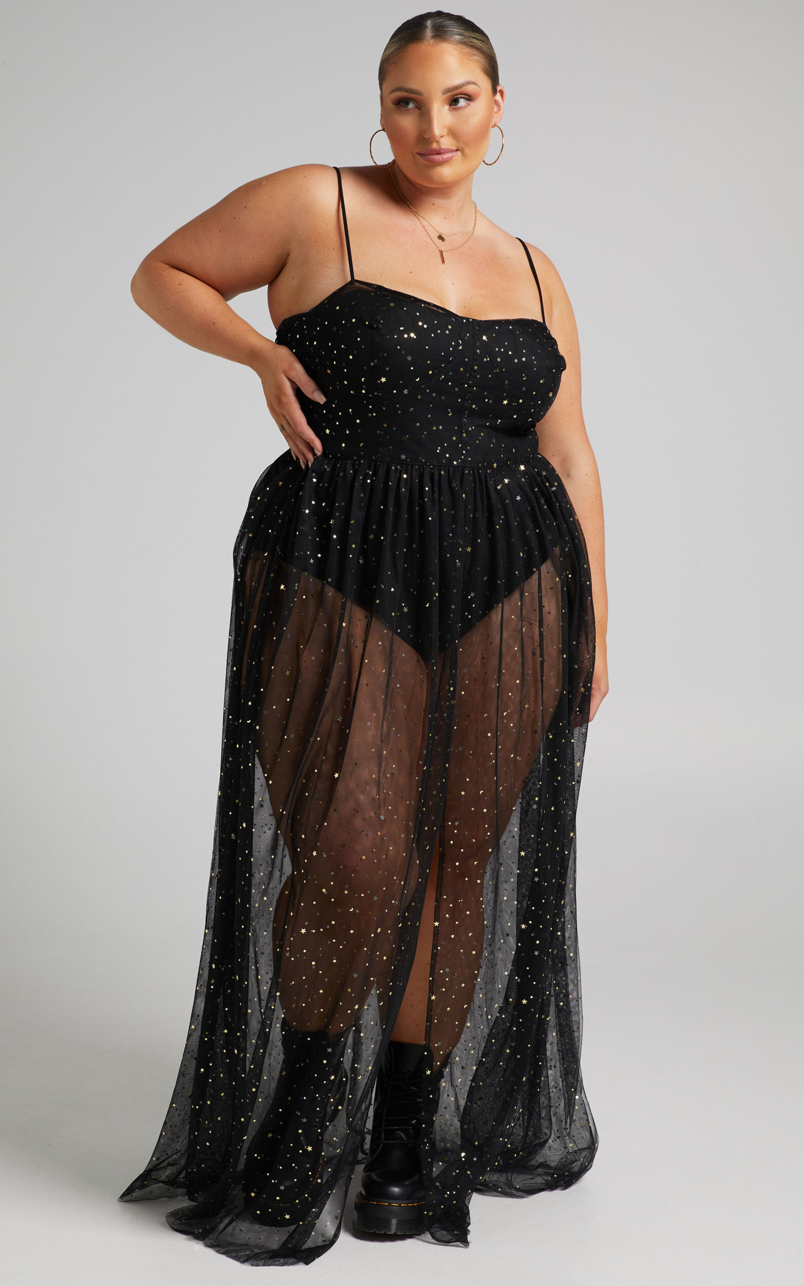 Stunning View Maxi Dress - Bodice Sheer Dress in Black Mesh