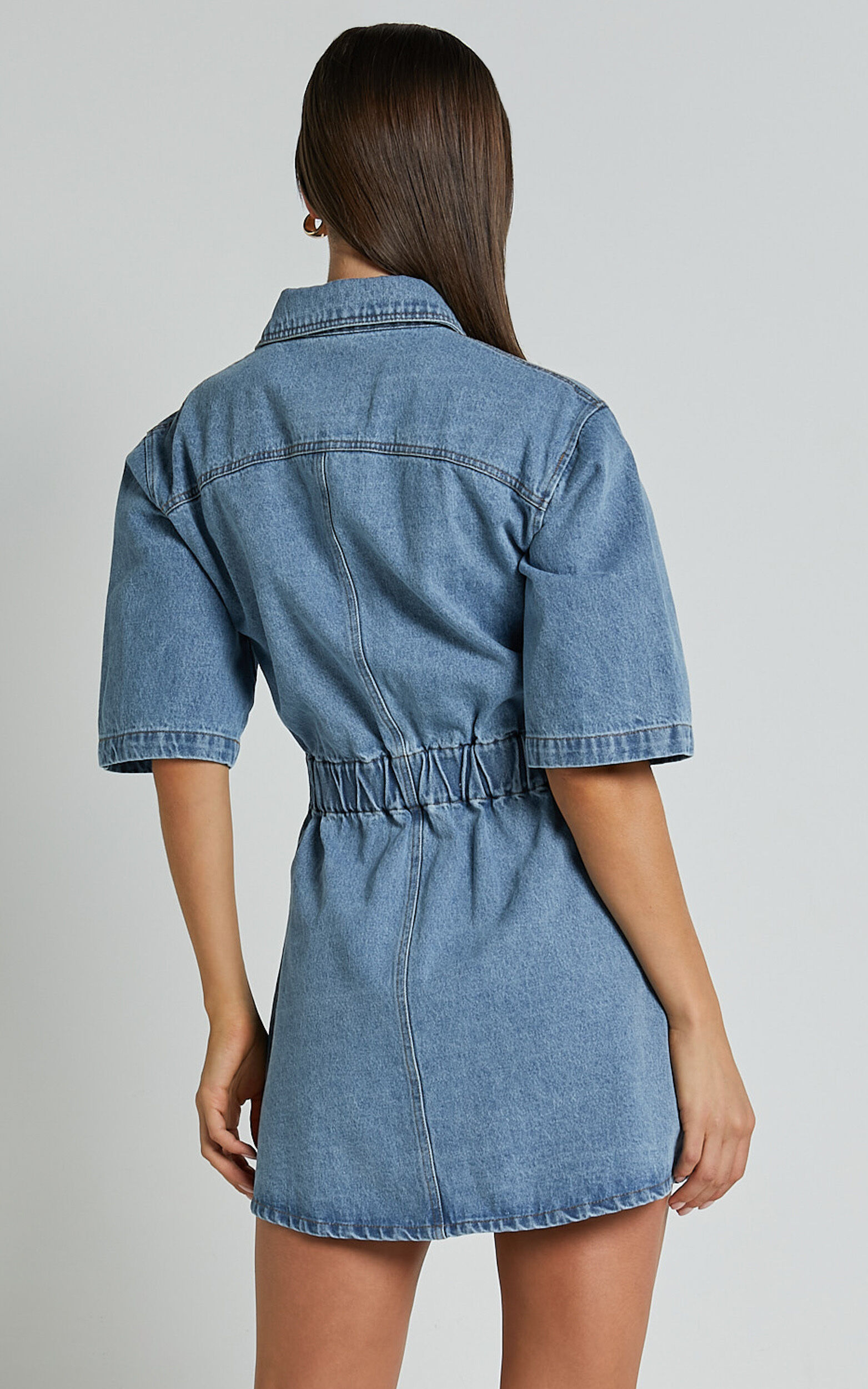 Leilani Mini Dress - Denim Short Sleeve Button Up Dress in Mid Blue