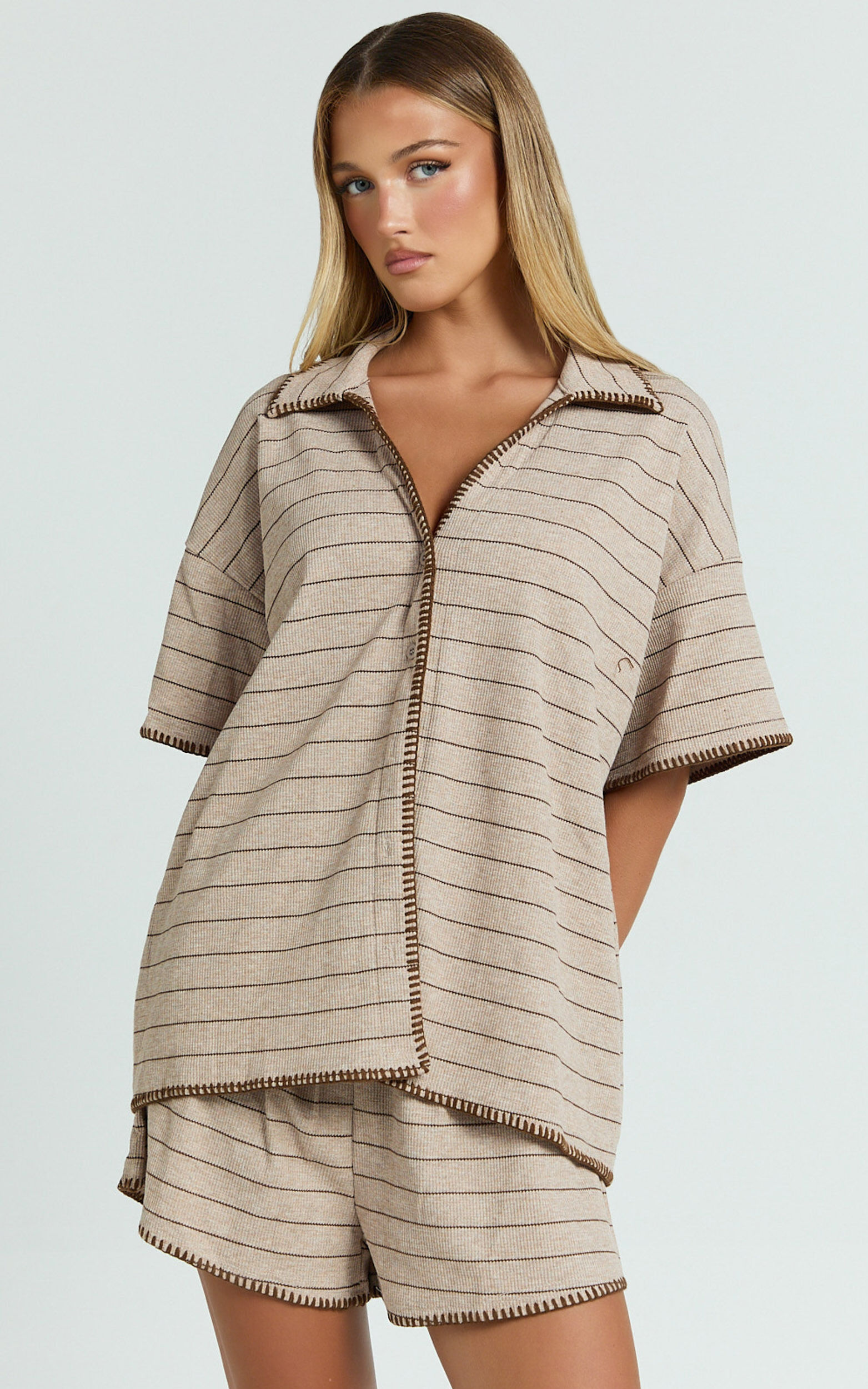 Laura Two Piece Set - Stripe Waffle Knit Shirt & Short Set in Brown/Cream Stripe