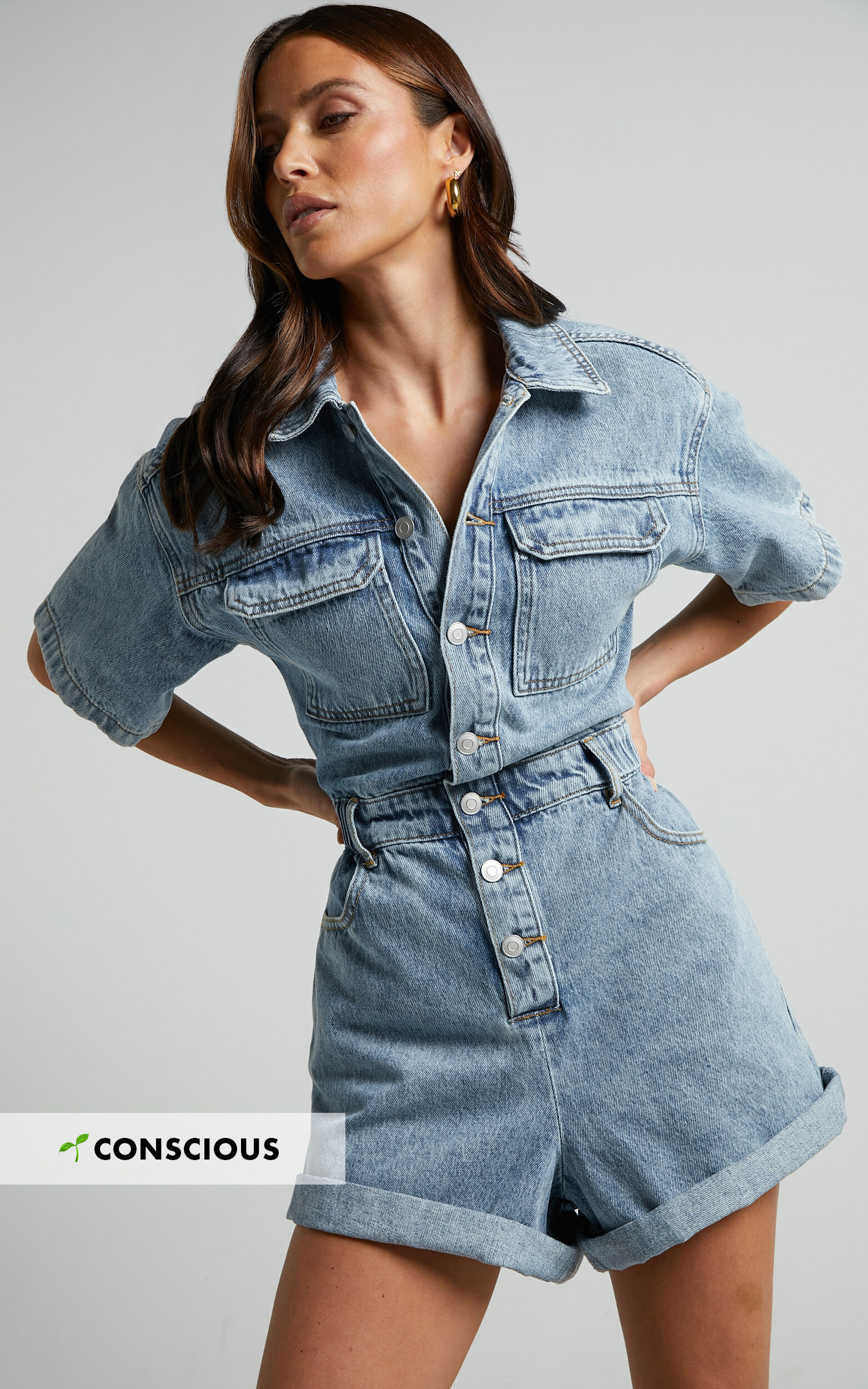 Leo Playsuit - Collared Short Sleeve Button Front Denim Playsuit in Mid Blue Acid Wash