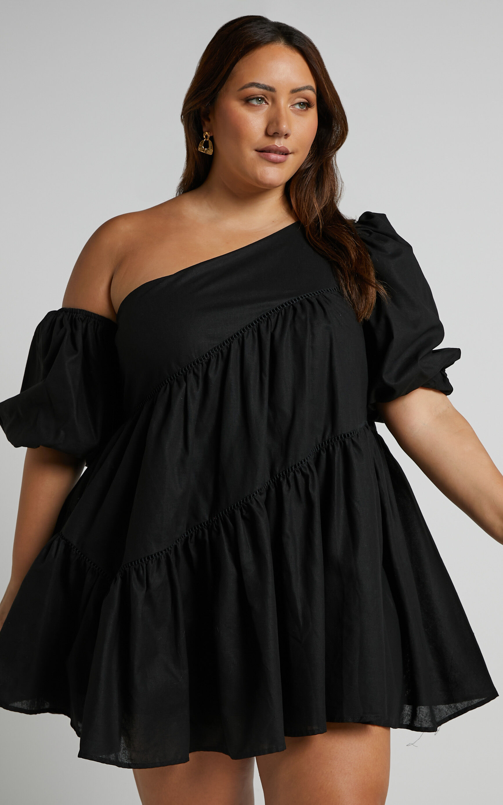 Harleen Mini Dress - Linen Asymmetrical Trim Puff Sleeve Dress in Black