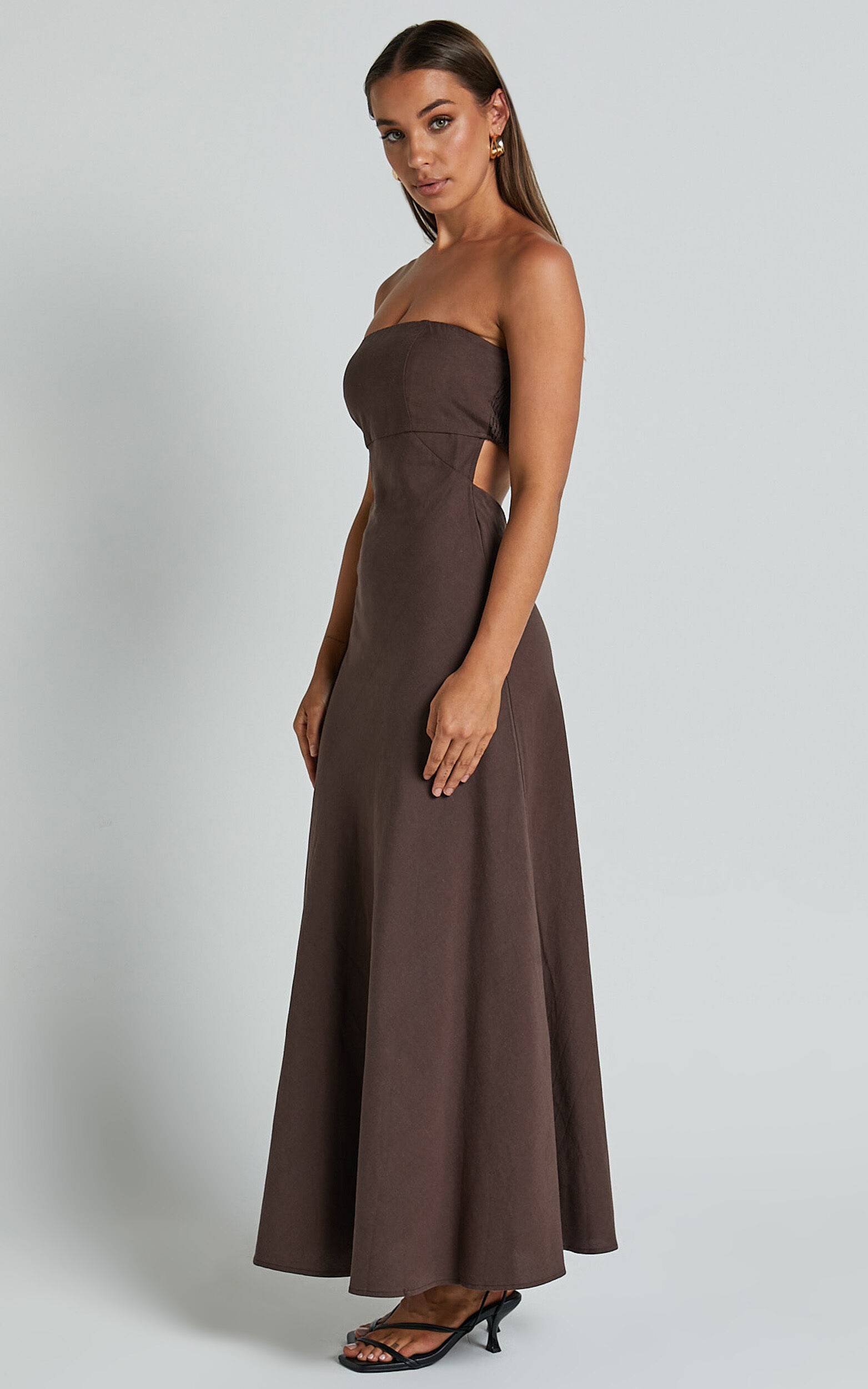 Elerie Maxi Linen Dress - Strapless Linen Dress in Chocolate