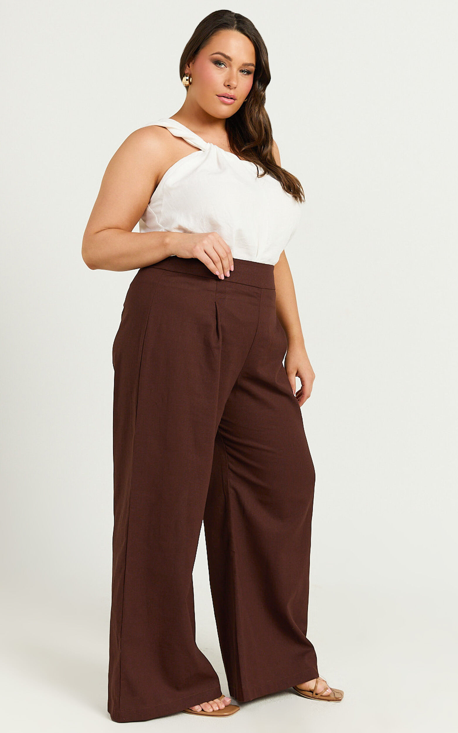 Alina Pants - Linen High Waisted Wide Leg Relaxed Pants in Chocolate