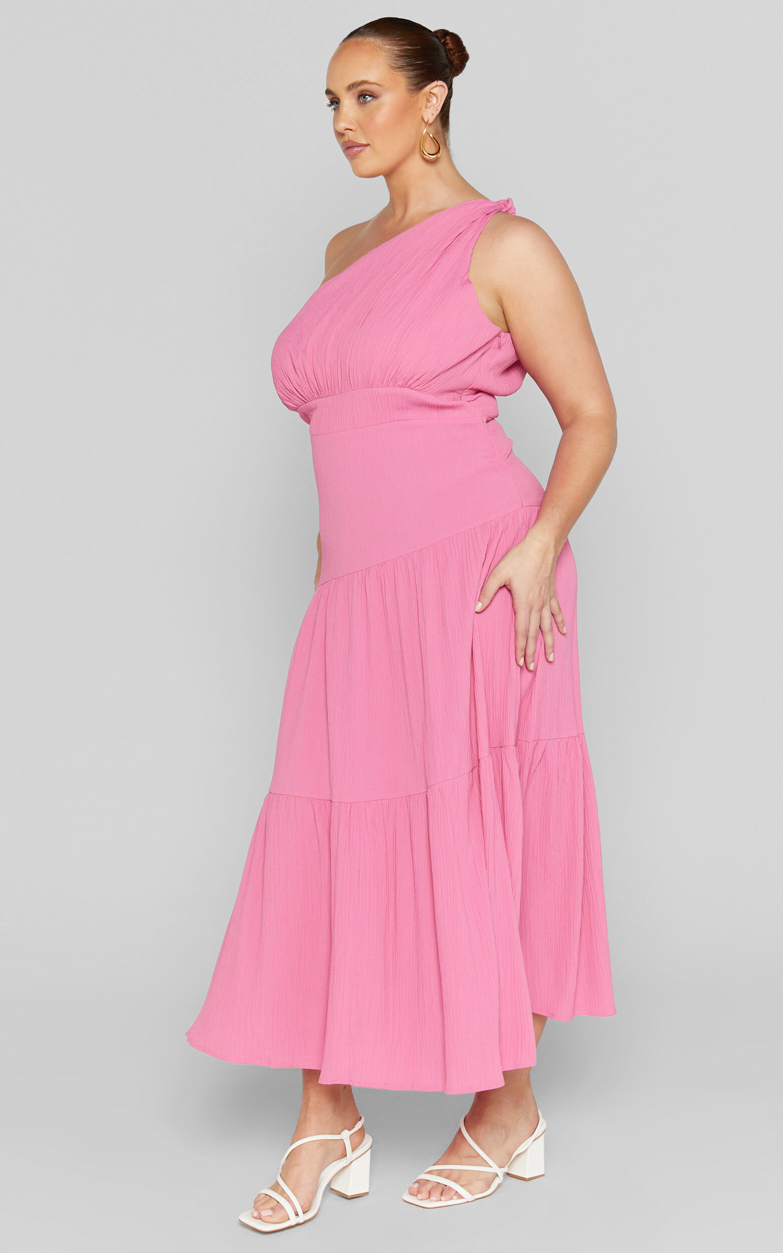 Celestia Midi Dress - Tiered One Shoulder Dress in Bright Pink