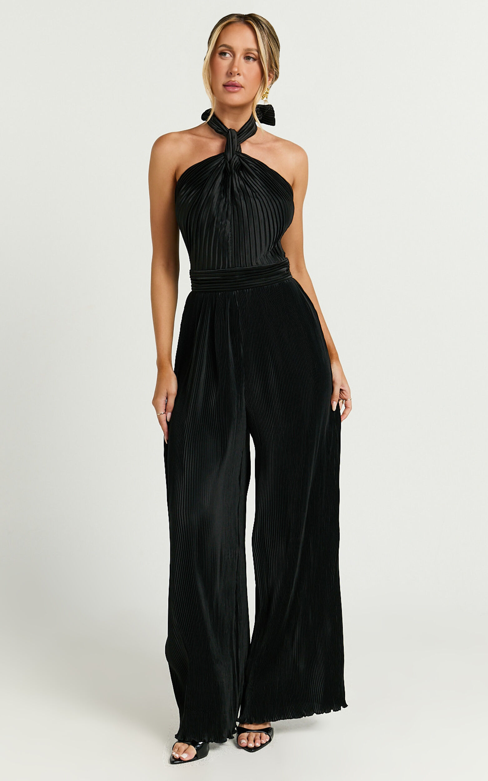 Paris Jumpsuit - Plisse Halter Neck Wide Leg Jumpsuit in Black