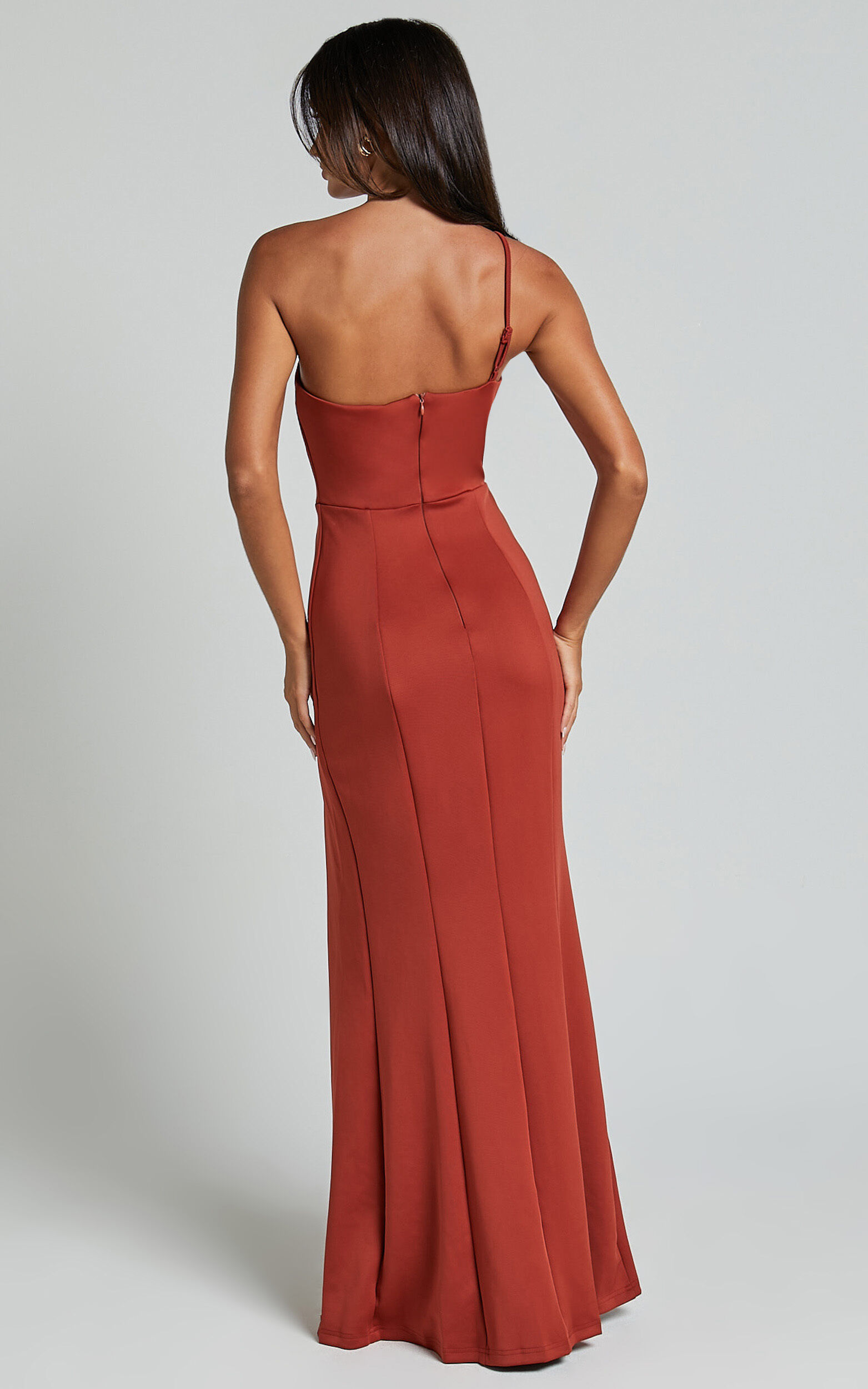 No Ones Fault Midi Dress - One Shoulder Thigh Split Dress in Rust