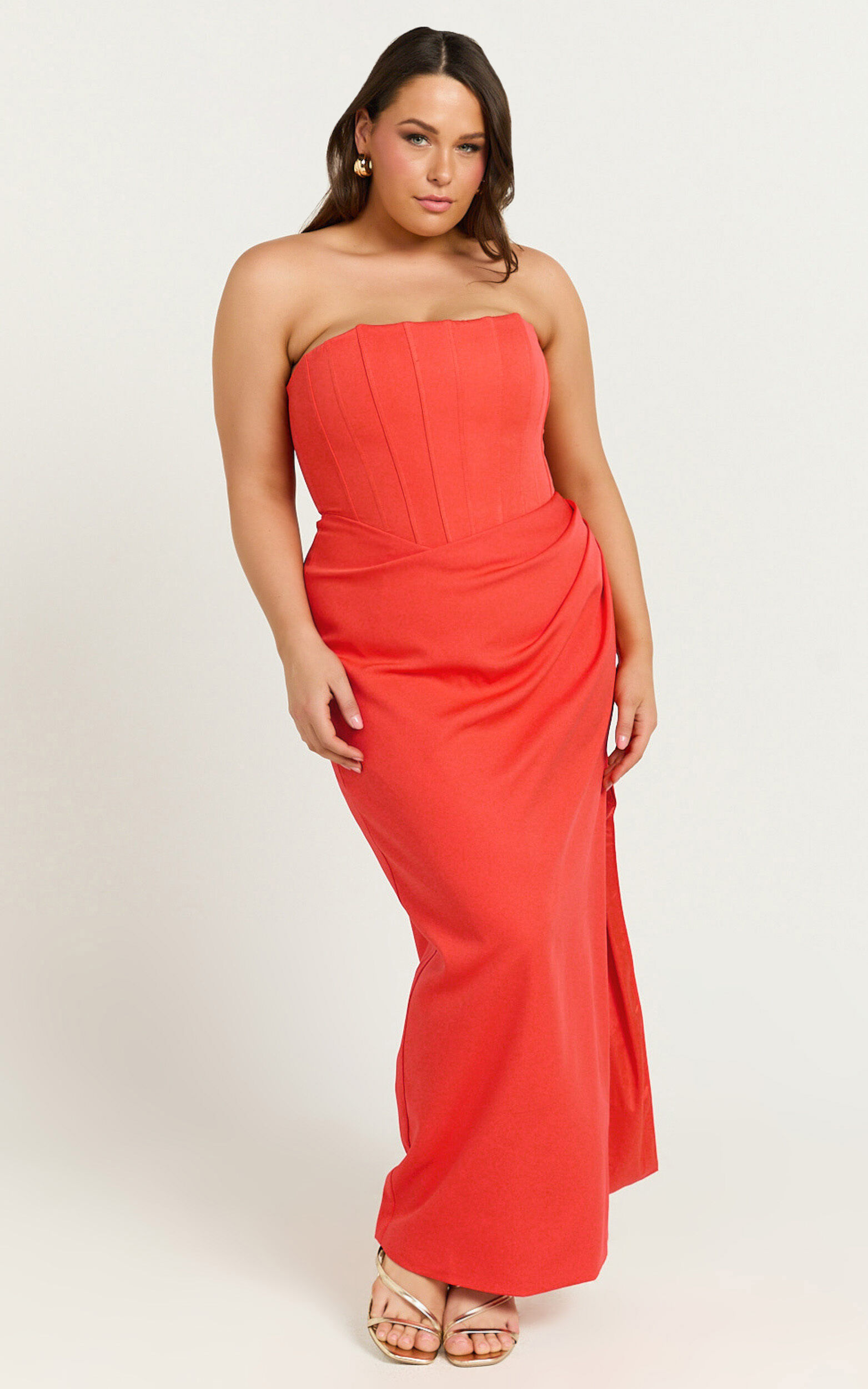 Avery Midi Dress - Strapless Draped Side Split Dress in Orange