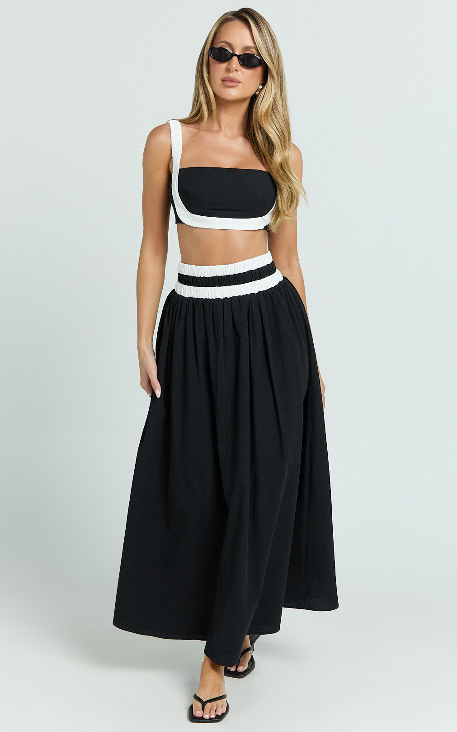 Sapphire Two Piece Set - Contrast Band Crop Top and A Line Maxi Skirt in Reverse