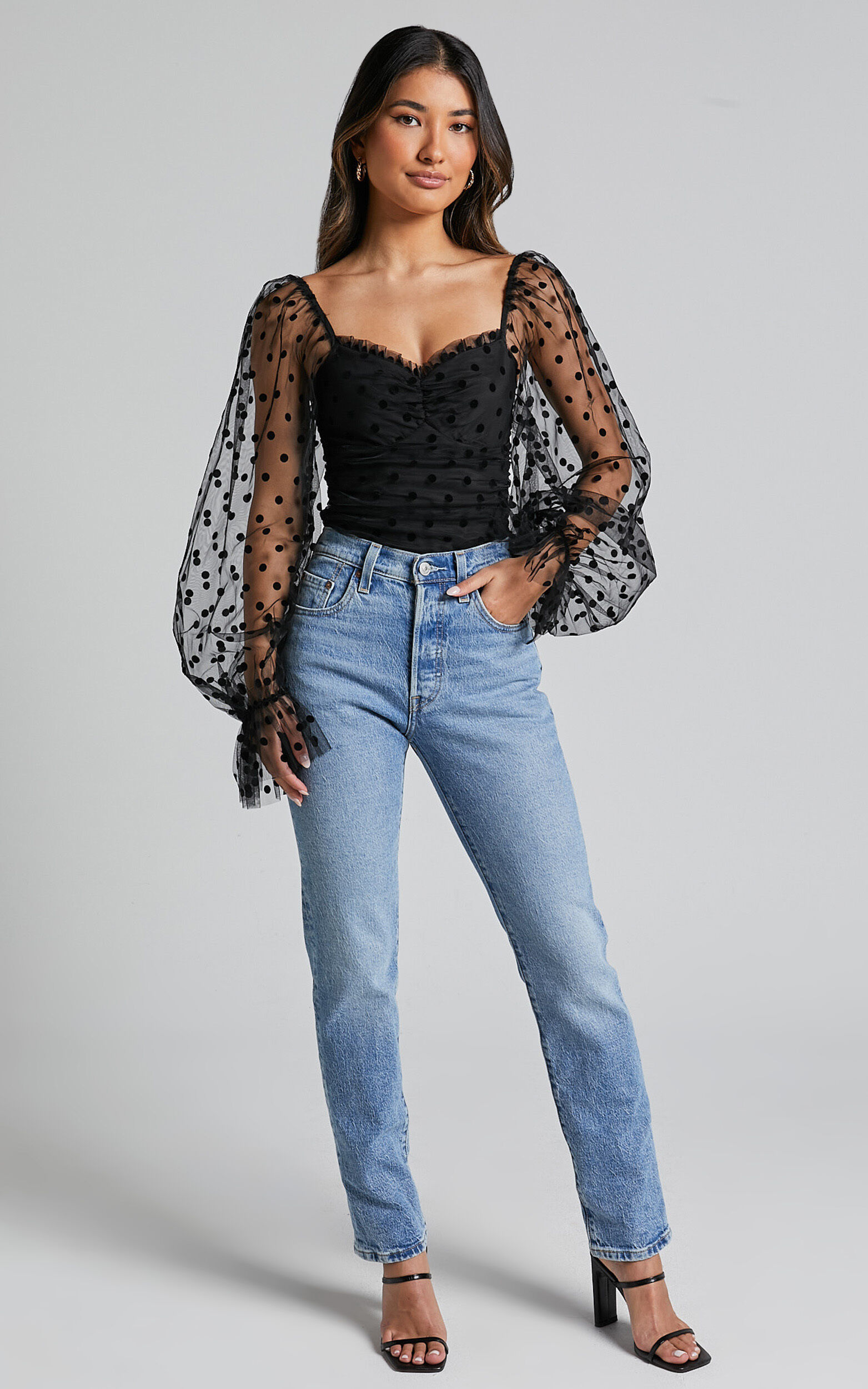 Venetia Bodysuit - Long Sleeve Spot Mesh Bodysuit in Black Spot