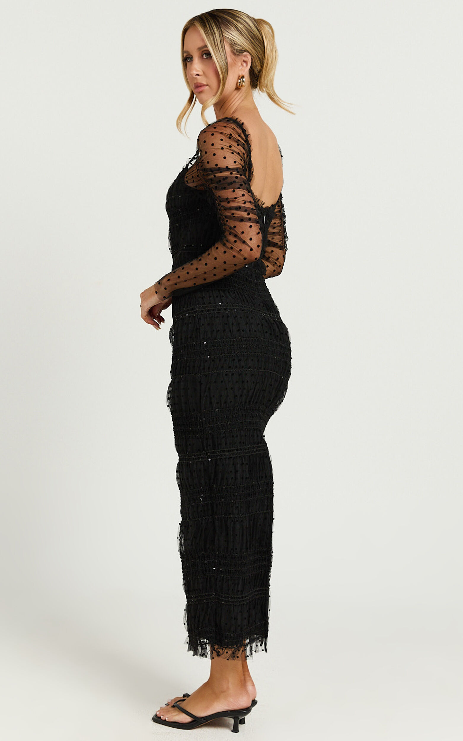 Evelyn Midi Dress - Long Sleeve Shirred Tulle Dress in Black Polka