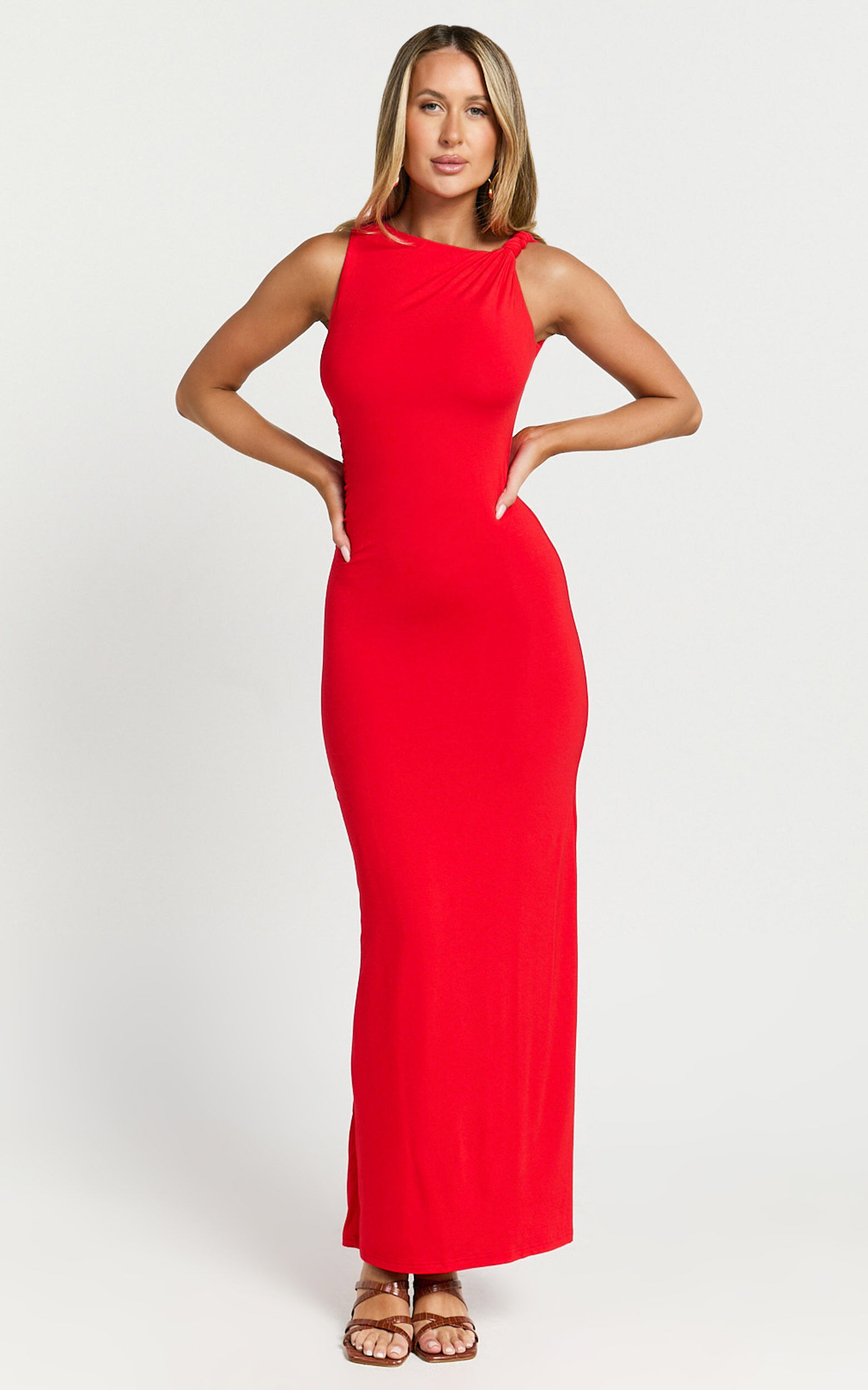 Aisha Maxi Dress - Sleeveless Twist Strap Bodycon Dress in Red